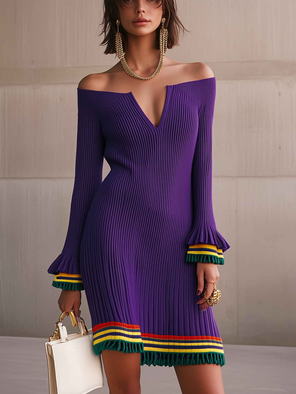 Purple Ribbed Knit Flared Cuff Off Shoulder Long Sleeve Mini Dress