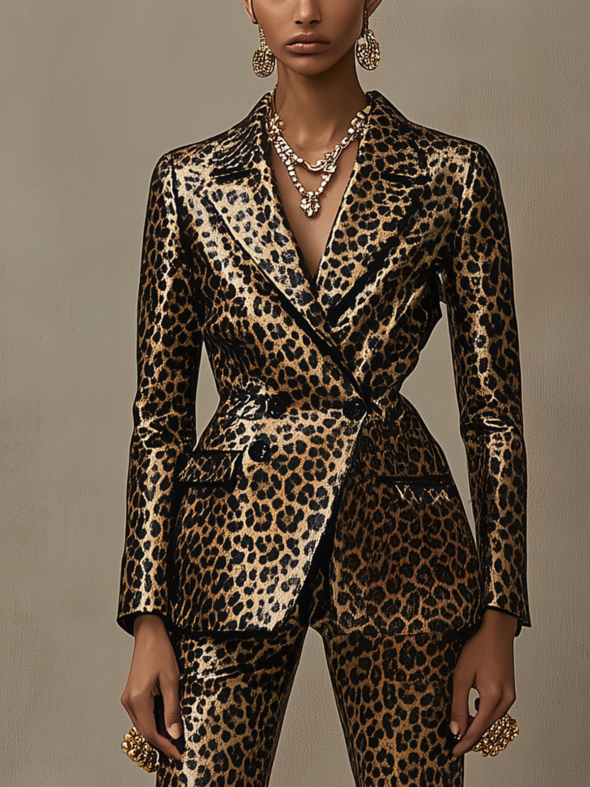 Gold Leopard Print Double Breasted Blazer Suit