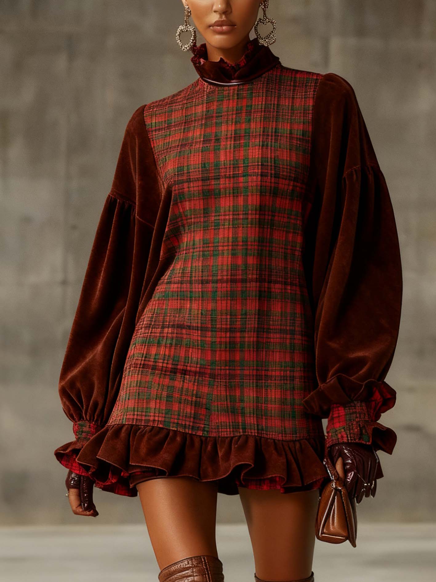 Brown Velvet Mini Dress With Ruffles And Patchwork Plaid