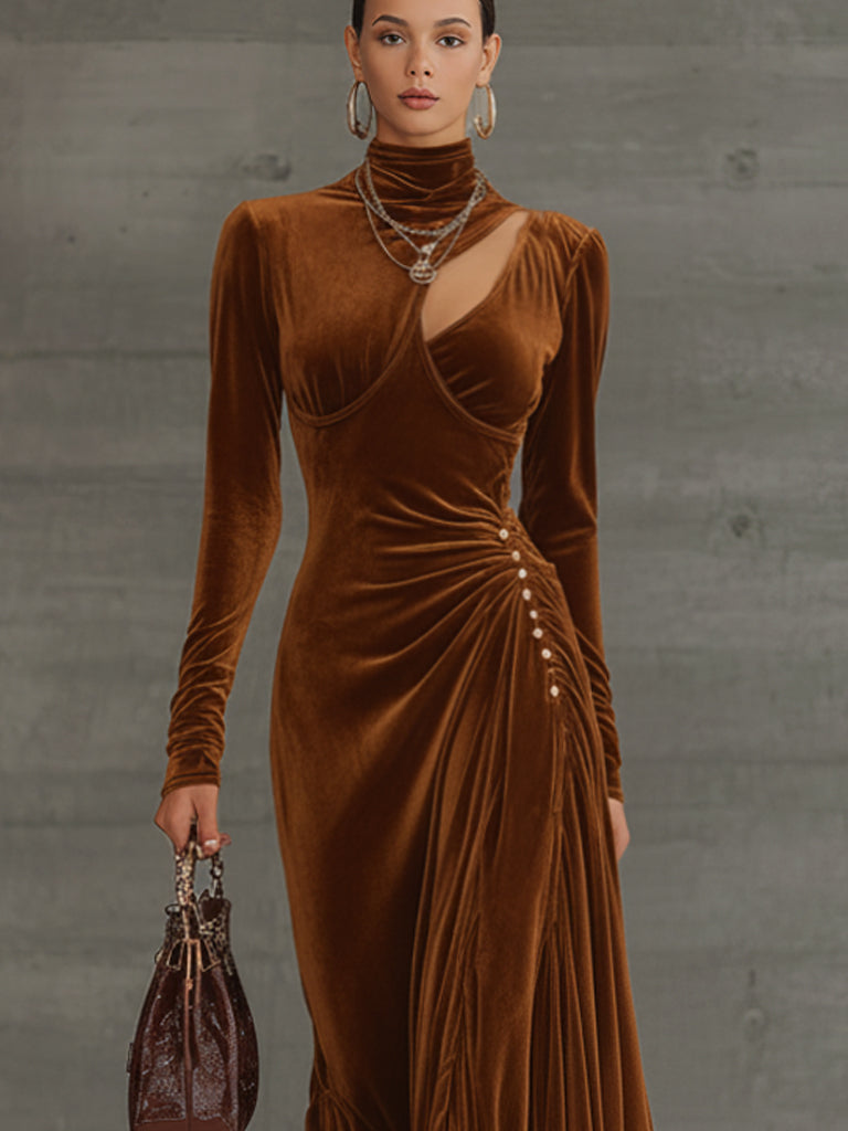 Caramel Velvet Maxi Dress With Button Details