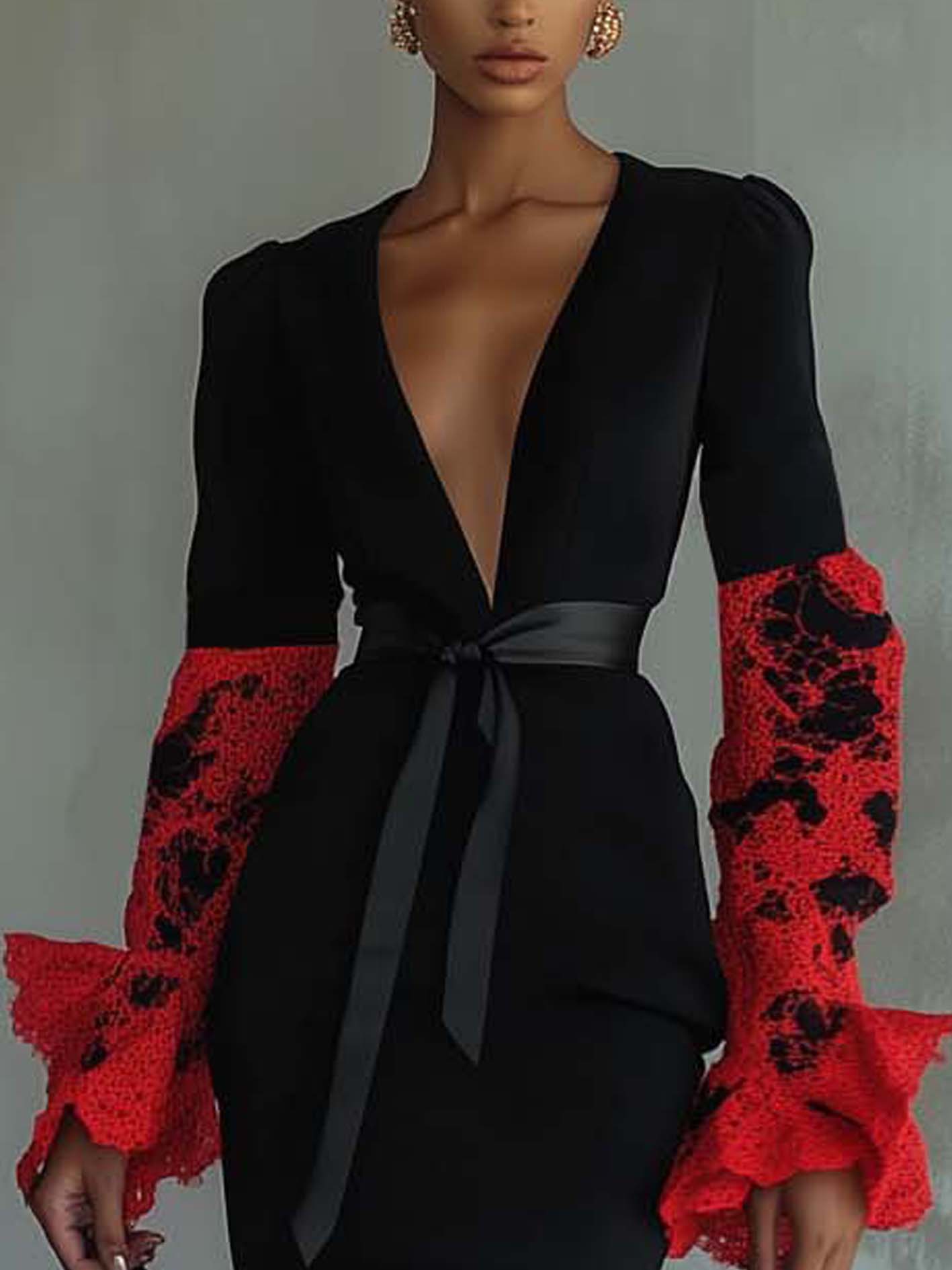 Black Mini Dress With Red Lace Sleeves