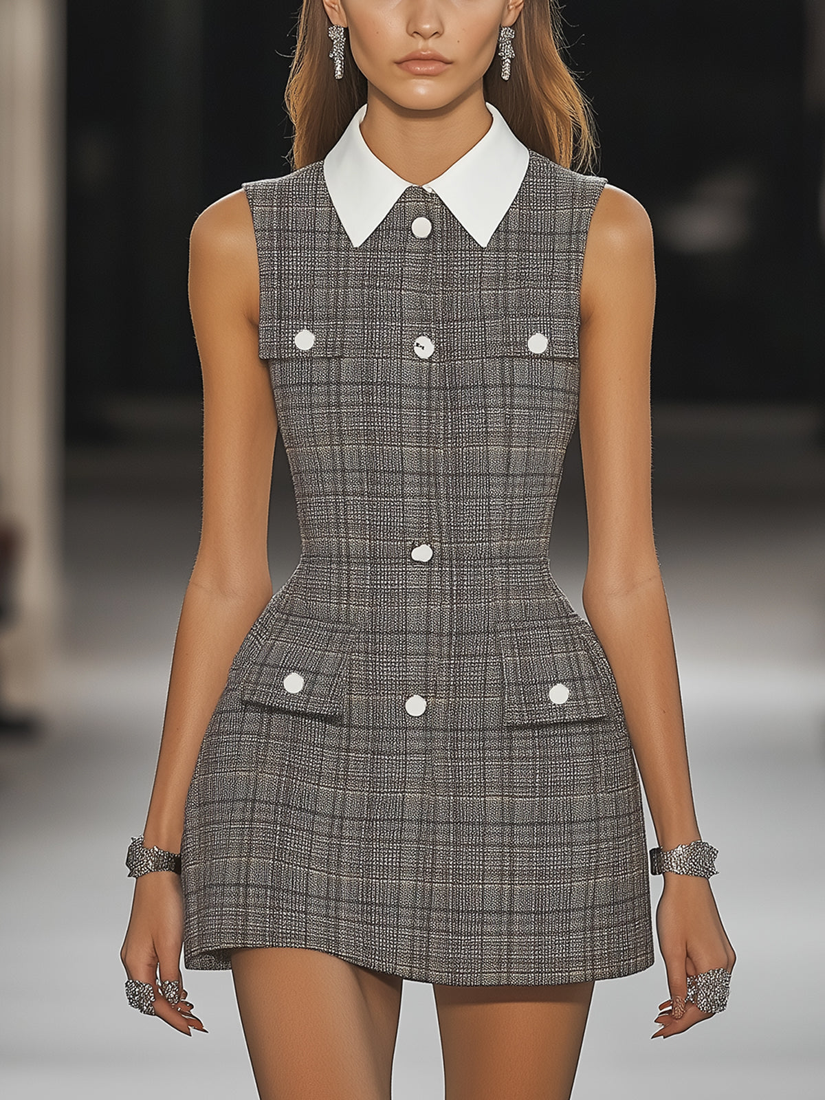 Gray Plaid Sleeveless Mini Dress With Contrast Collar