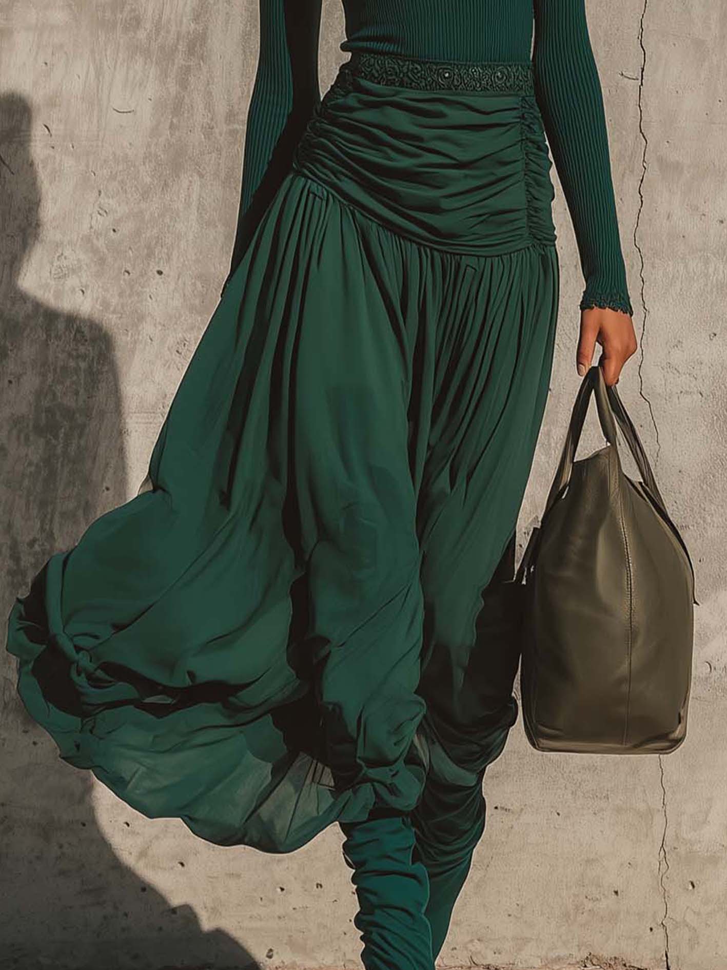 Elegant Dark Green Knitted And Chiffon Bubble Skirt Two-Piece Set