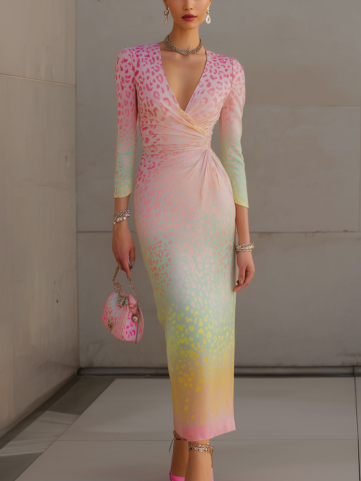 Pink Pastel Ombre Leopard Print V-Neck Bodycon Dress