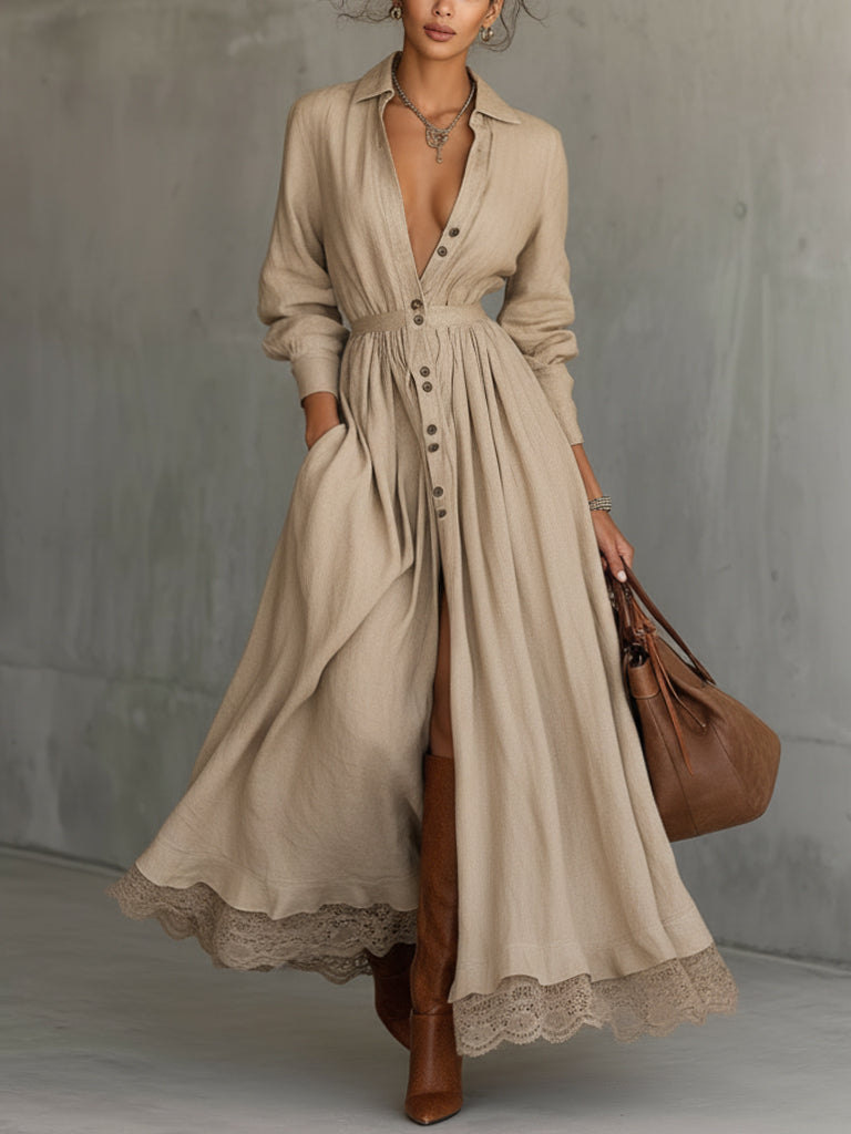Elegant Beige Lace Trim Buttoned Maxi Dress