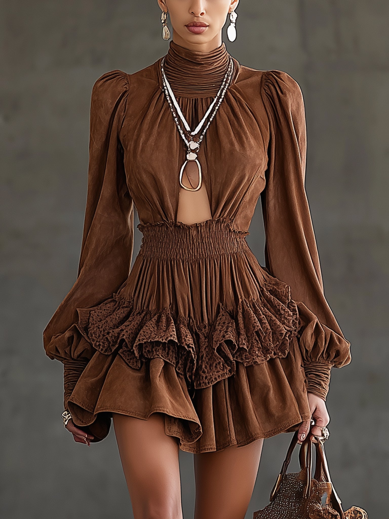 Chocolate Suede Ruffle Cutout Long Sleeve Mini Dress