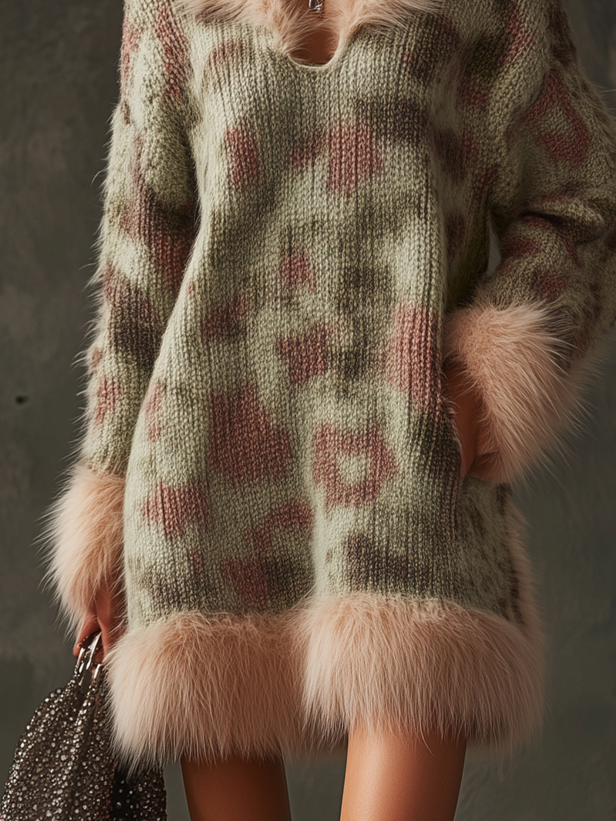 Light Green Knitted Dress With Faux Fur Trim
