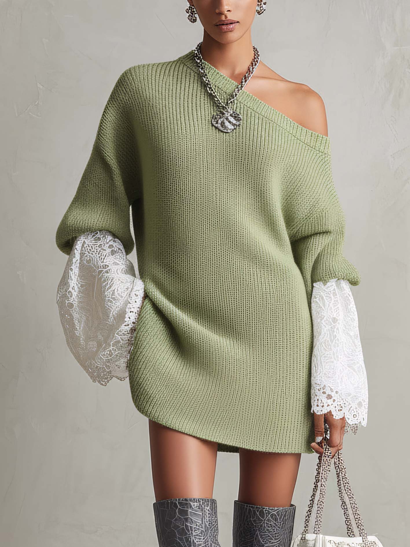 One Shoulder Light Green Knit Mini Dress With Lace Sleeve Patchwork