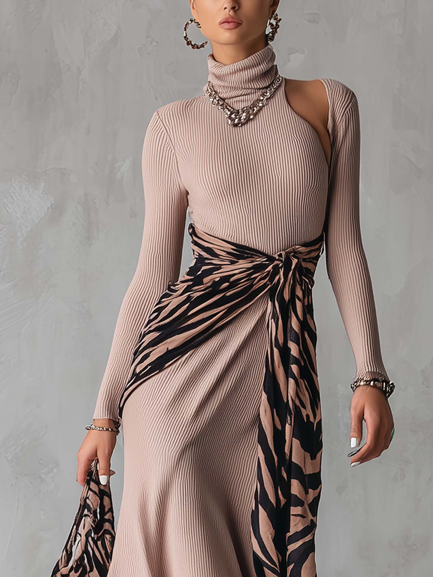 Dusty Pink Zebra Print Patchwork Turtleneck Knit Maxi Dress