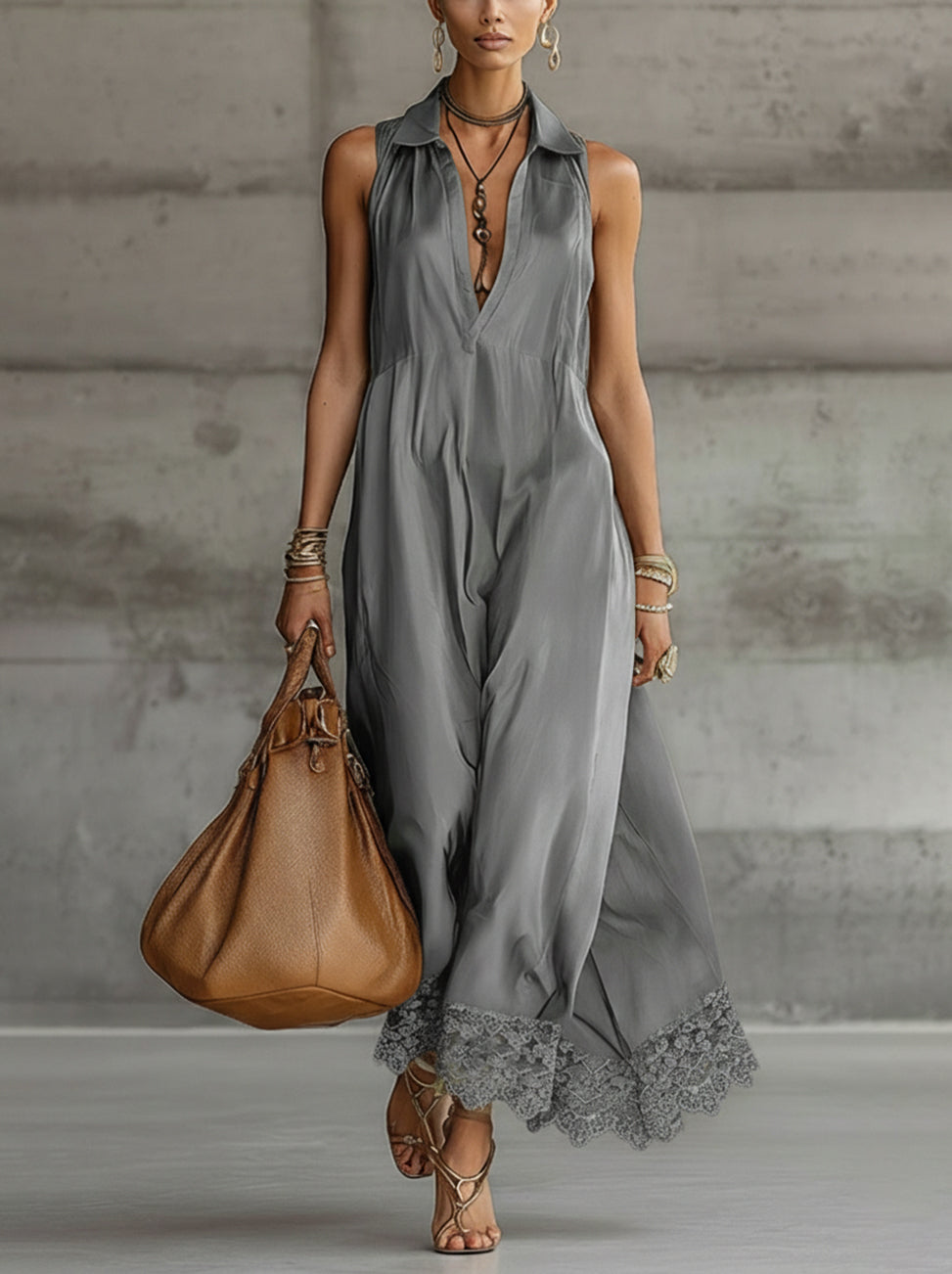 Gray Satin Sleeveless Collared Maxi Dress With Lace Hem