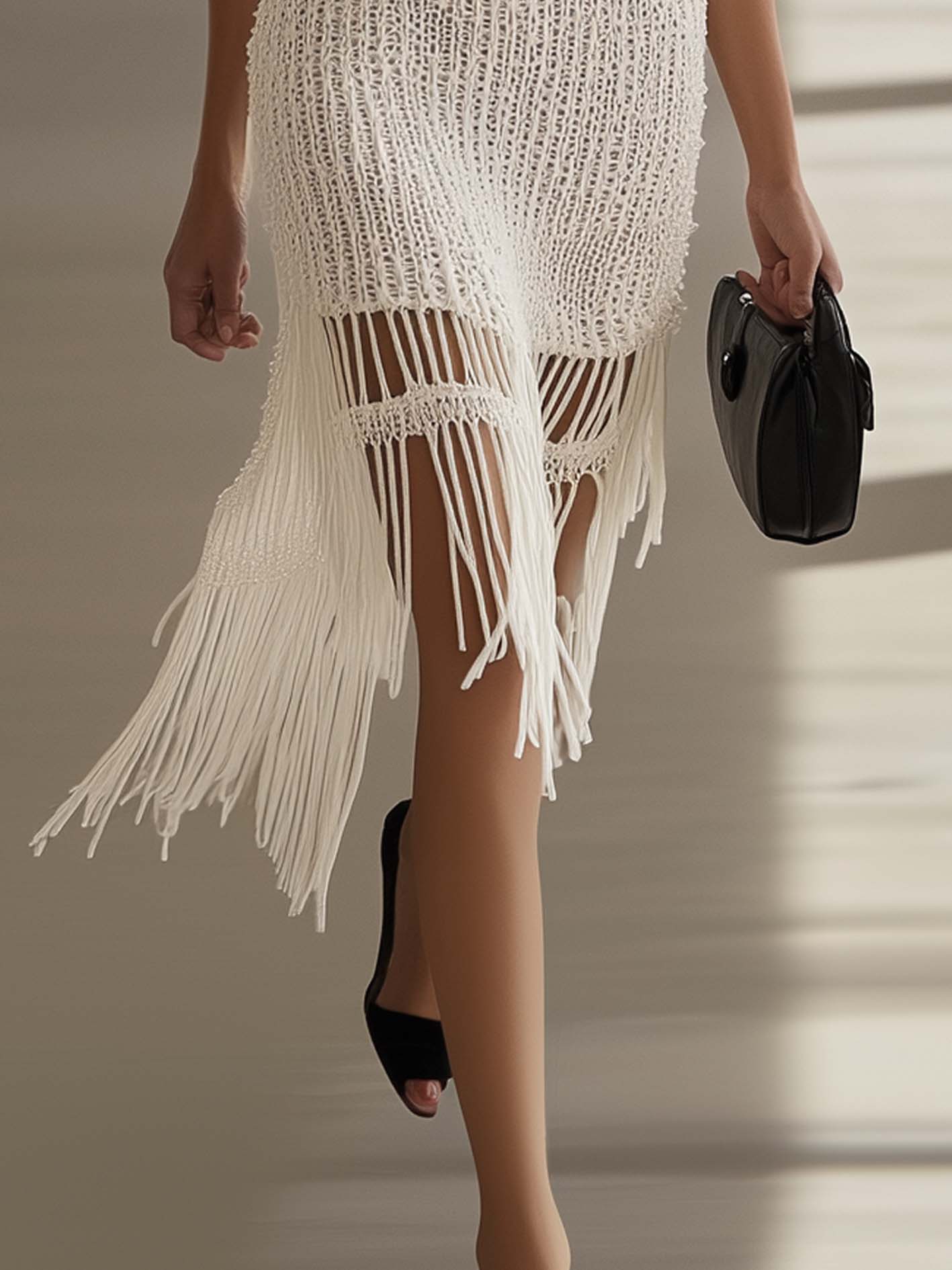 White Knitted Midi Bodycon Dress With Irregular Tassels