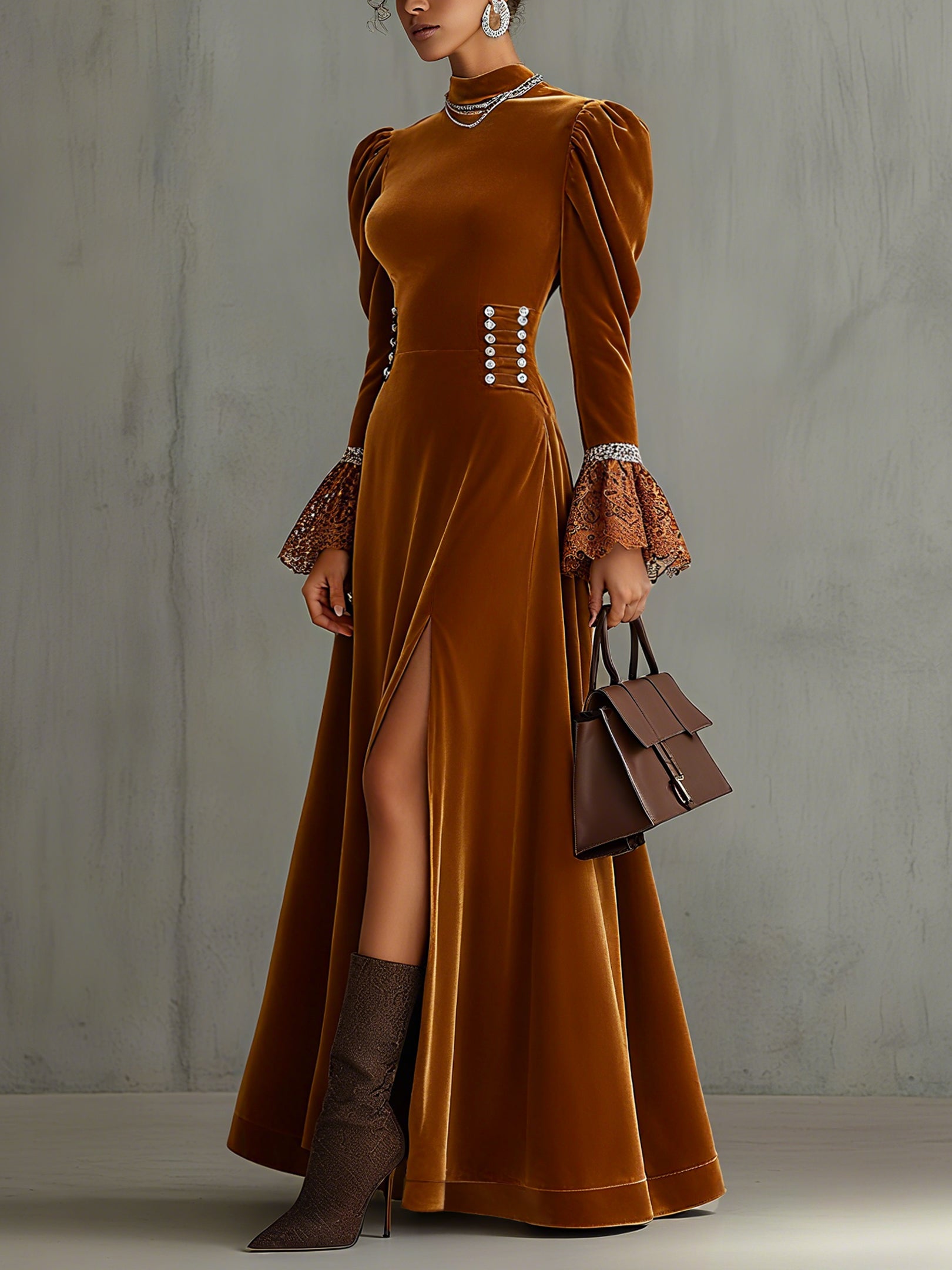 Brown Velvet A Line Long Sleeve Maxi Dress With Lace Cuffs