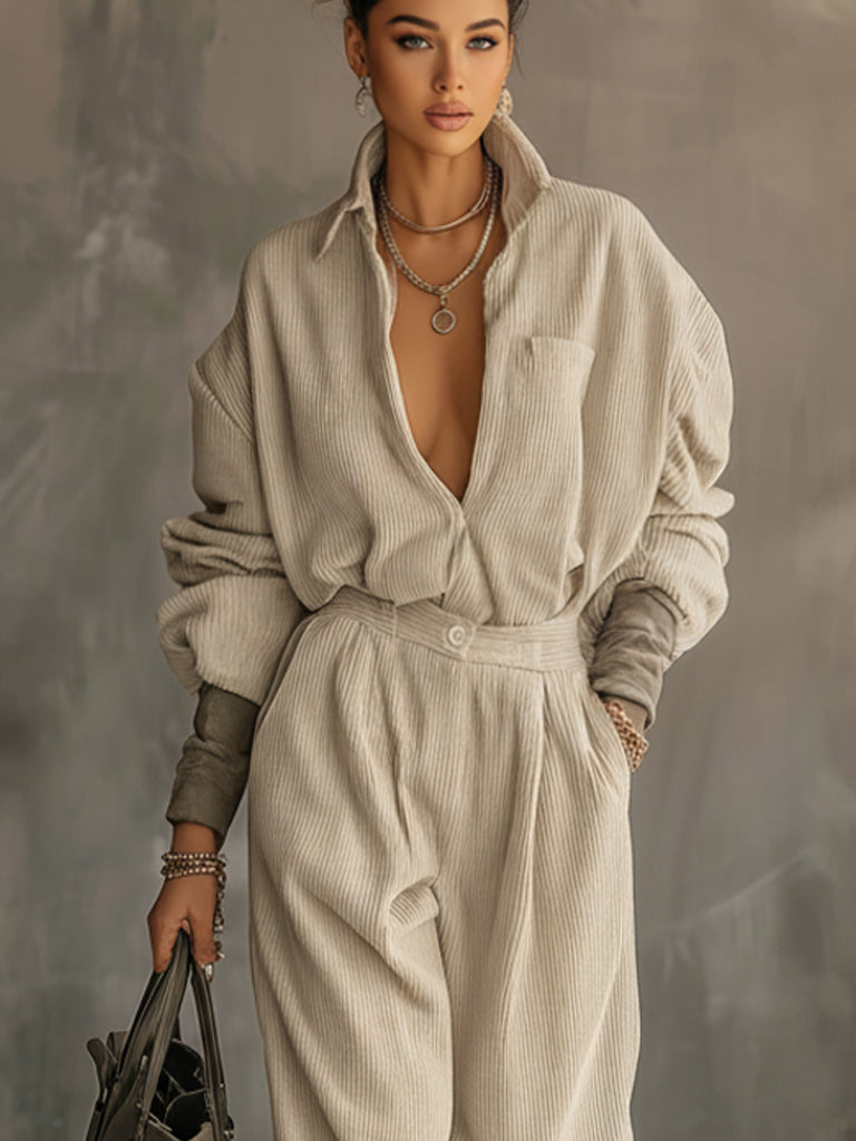 Oatmeal Corduroy Loose Fitting Deep V-neck Top And Pants Set