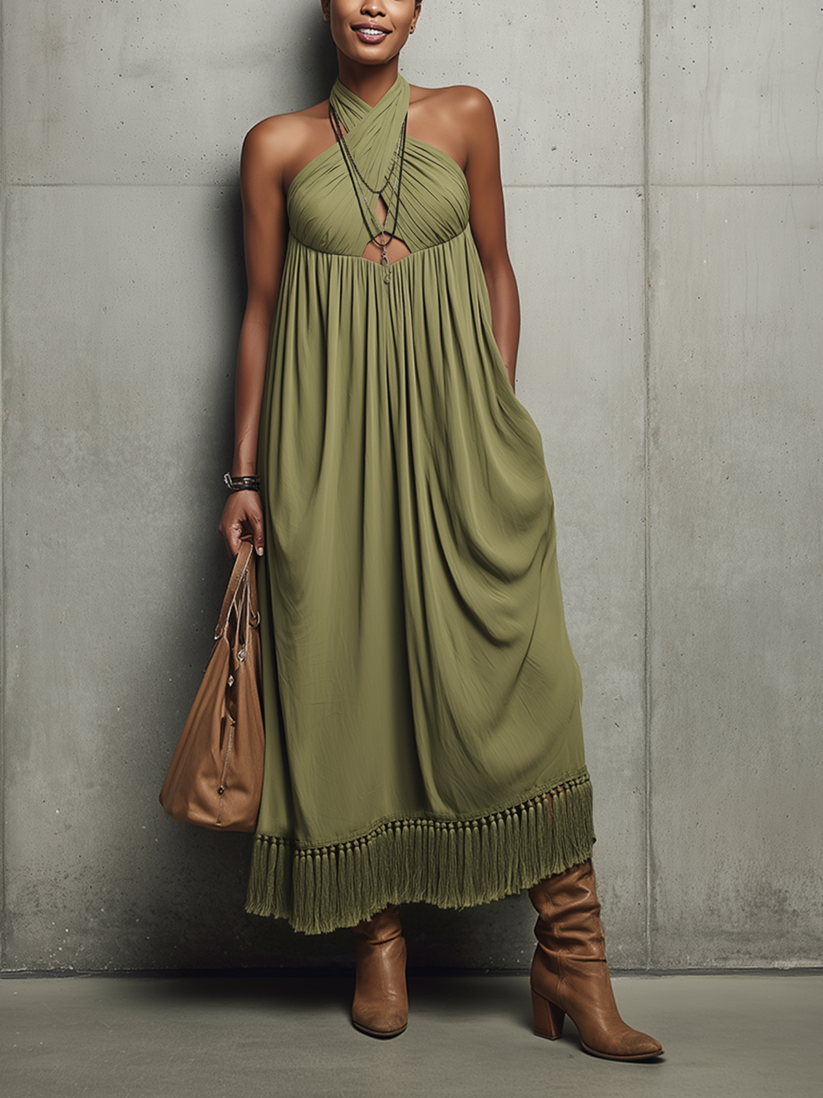 Olive Green Halter With Tassel Hem Maxi Dress