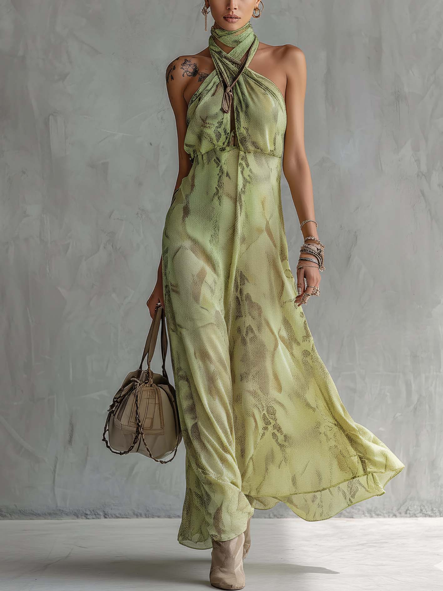 Green Chiffon Sleeveless Animal Print Maxi Dress
