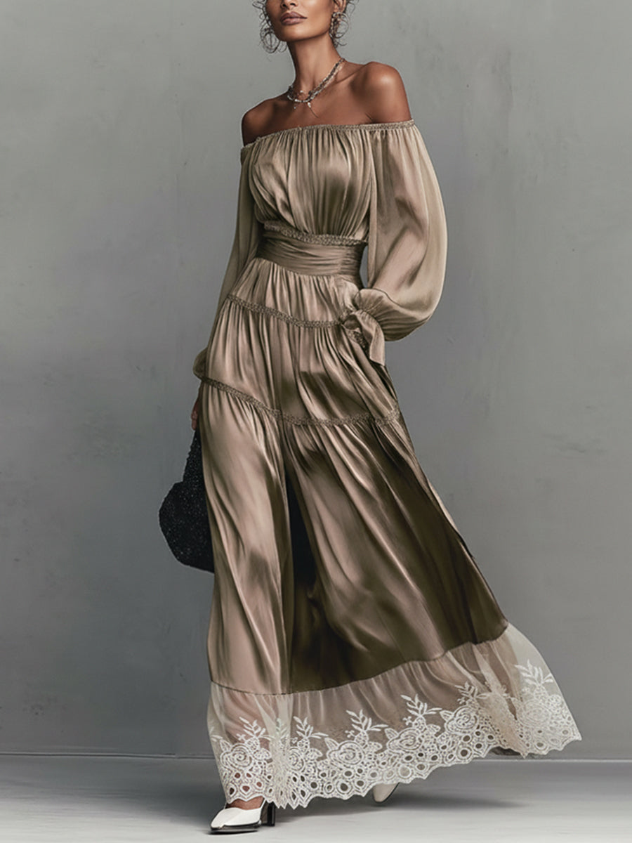 Champagne Satin Elastic Maxi Dress With Lace Hem