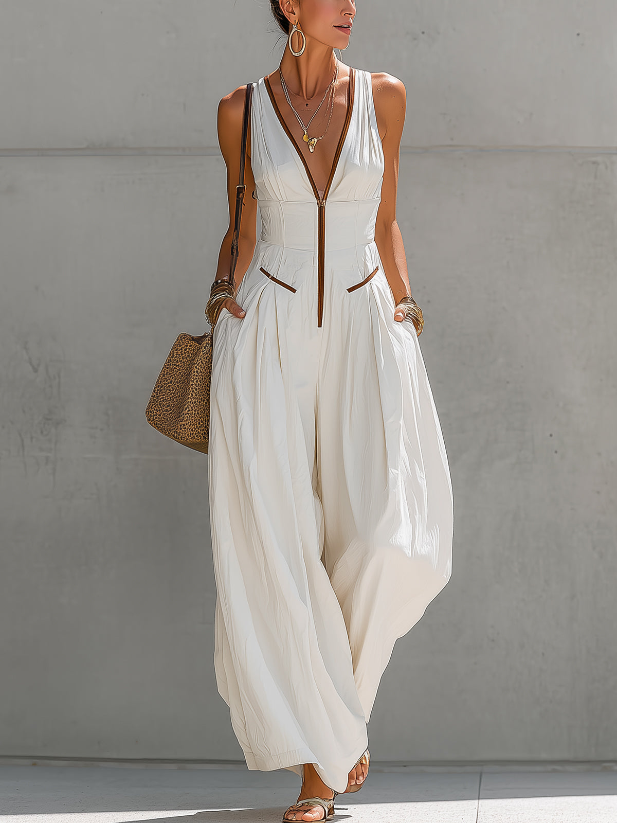 White Deep V-Neck Sleeveless Pleated Wide-Leg Jumpsuit