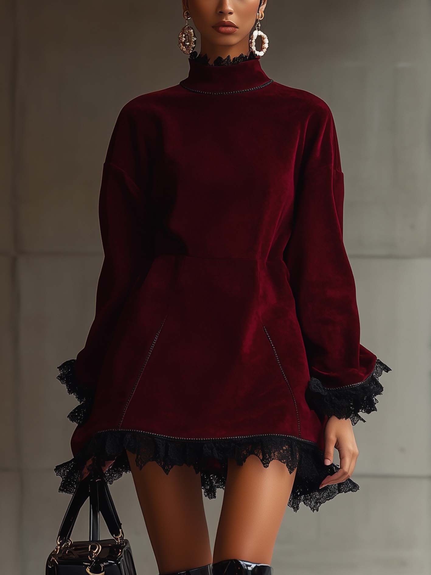 Burgundy Faux Suede Mini Dress With Black Lace Trim