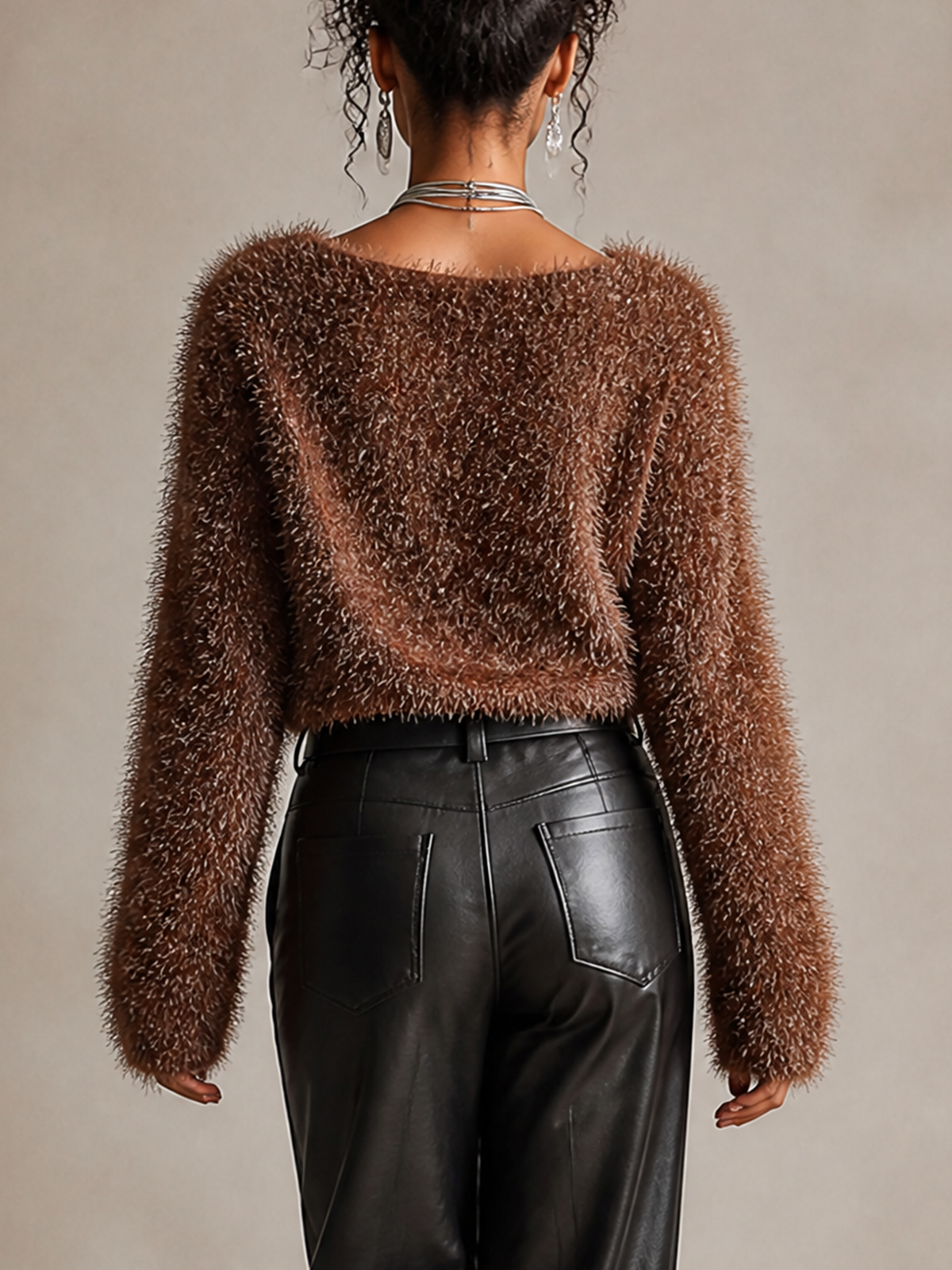 Brown Fuzzy Sparkle V‑Neck Cropped Cardigan