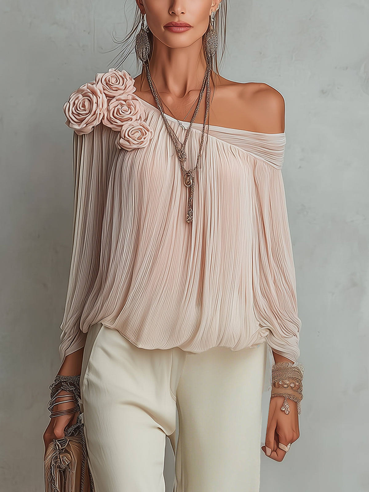 Pink Pleated Off-Shoulder Floral Accent Chiffon Blouse