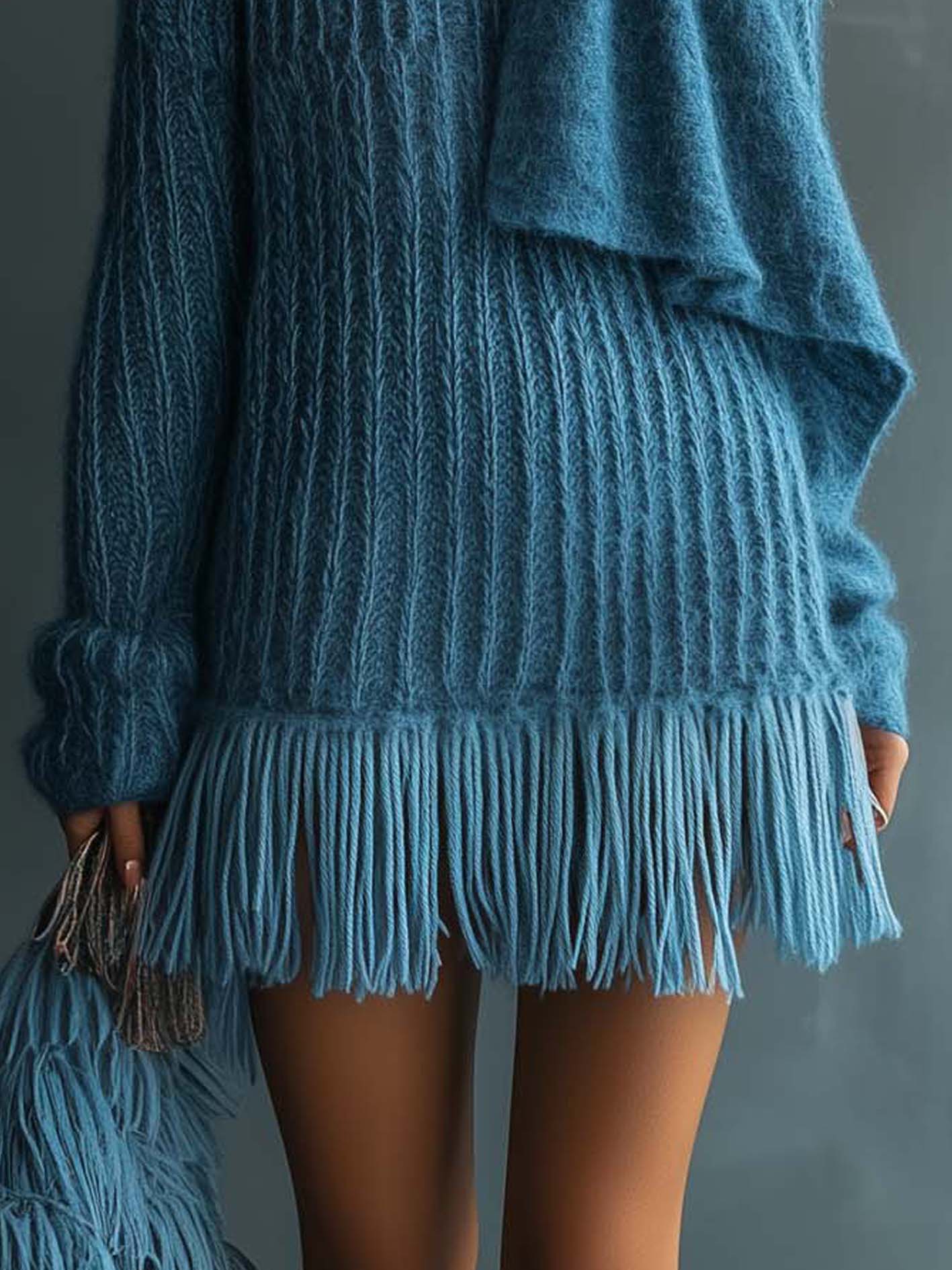 Blue Knitted Mini Dress With Tassels And Scarf Design