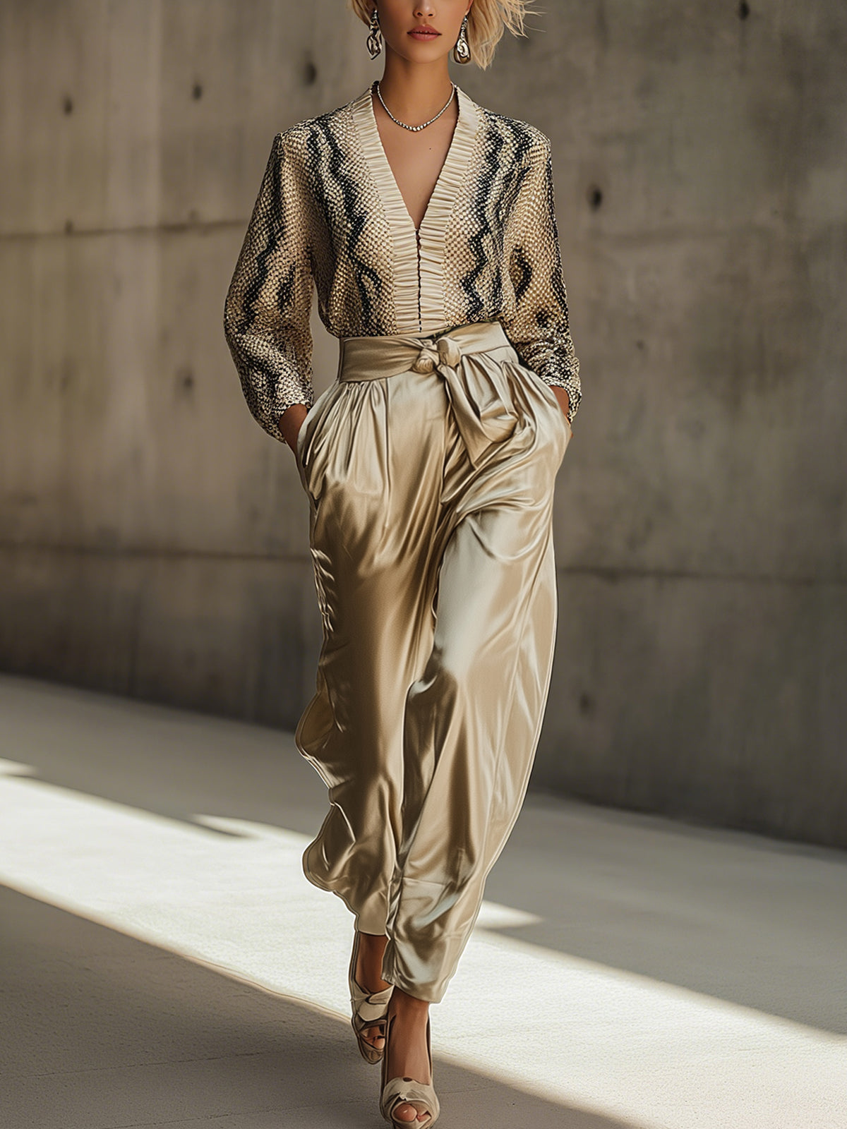 Snakeskin Print Top And Satin Trousers Set