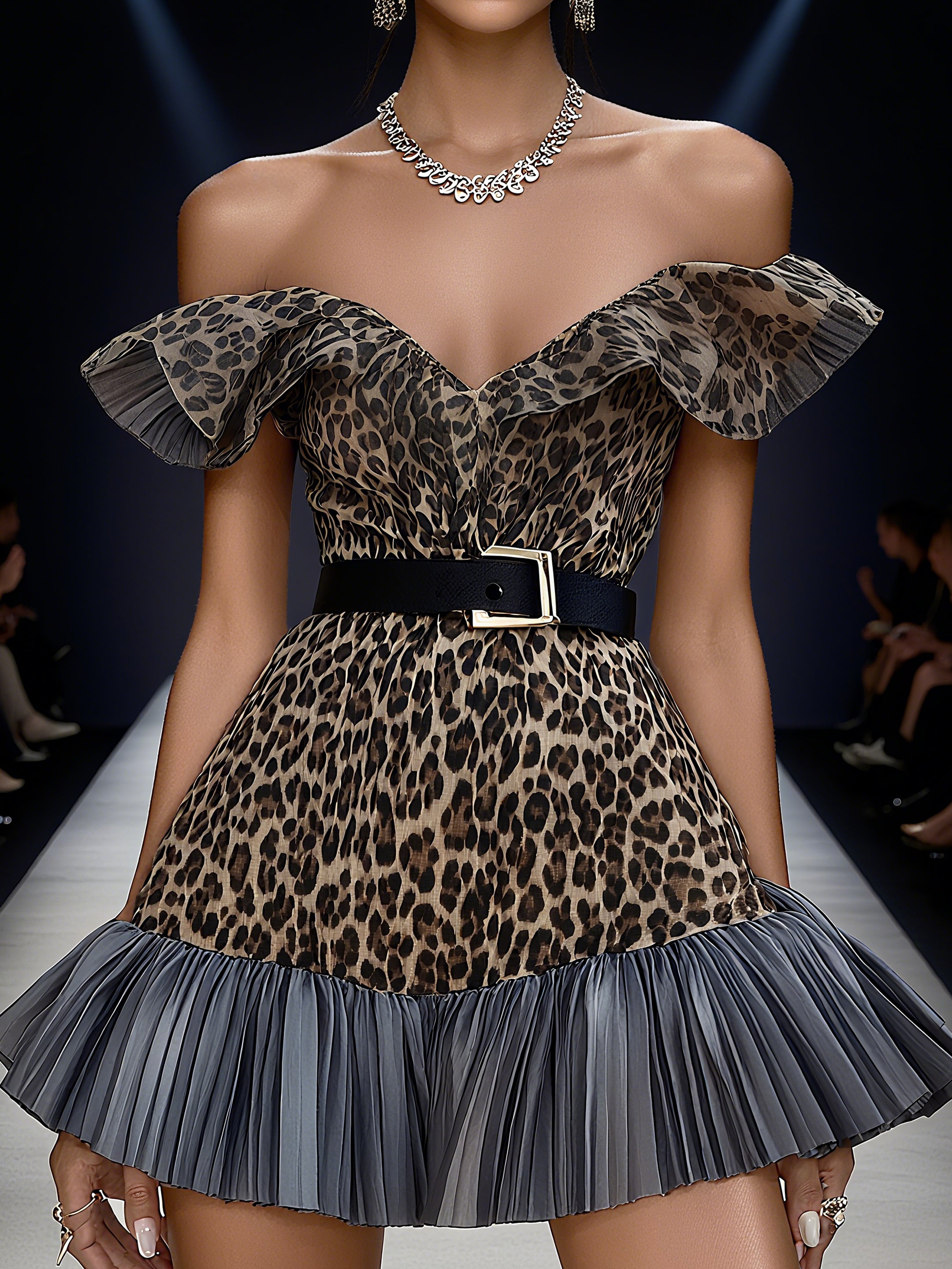 Leopard Off Shoulder Mini Dress With Pleated Hem And Belt