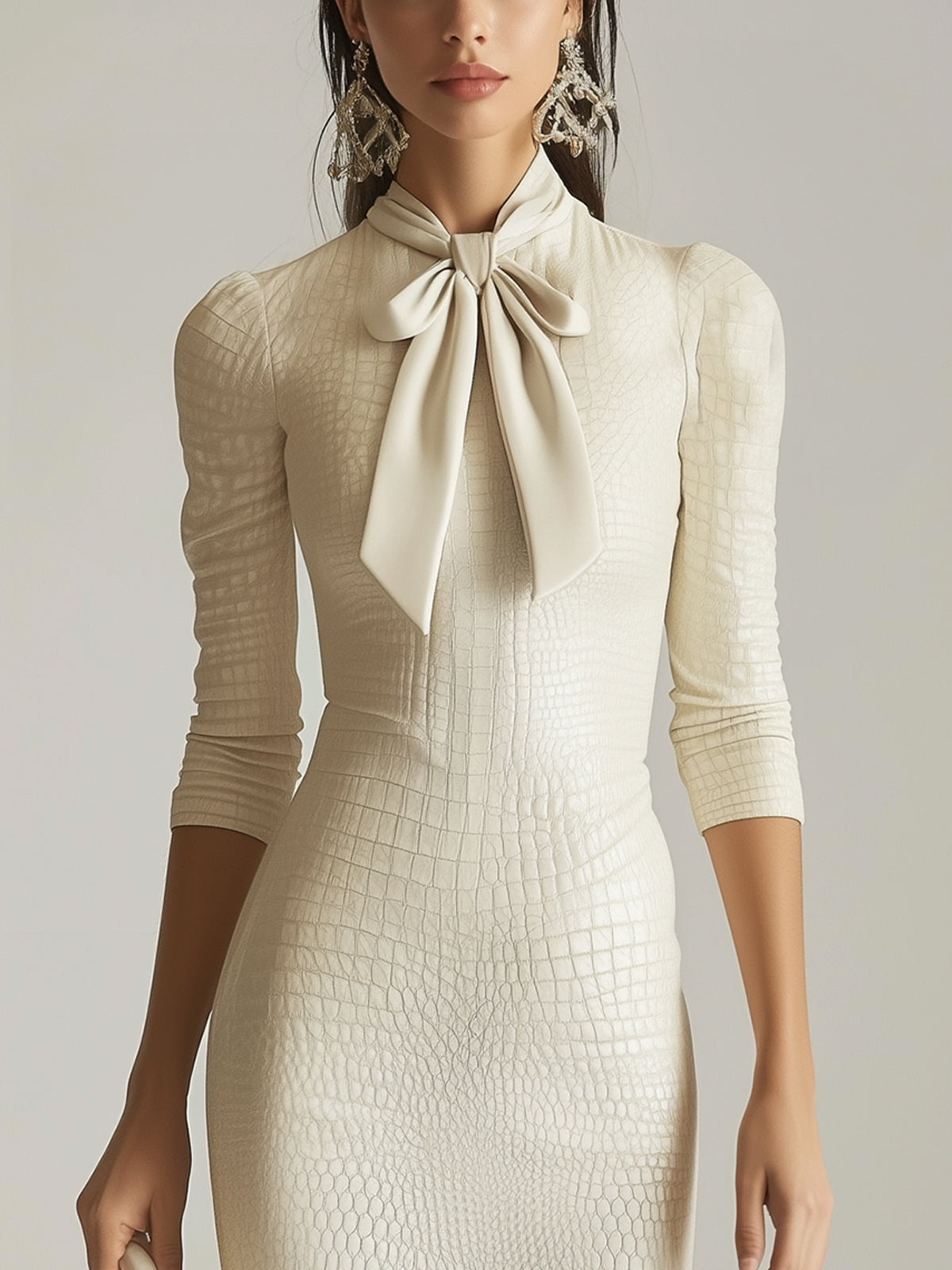 White Crocodile Embossed Midi Dress With Bow Tie Neck