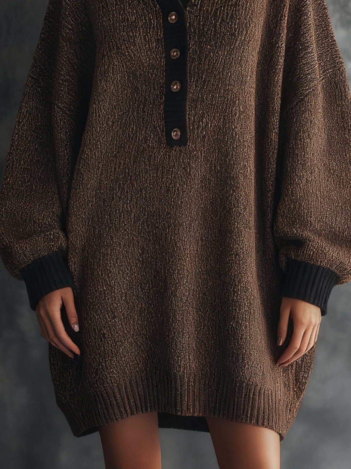 Brown Knit Button-Front Sweater Dress