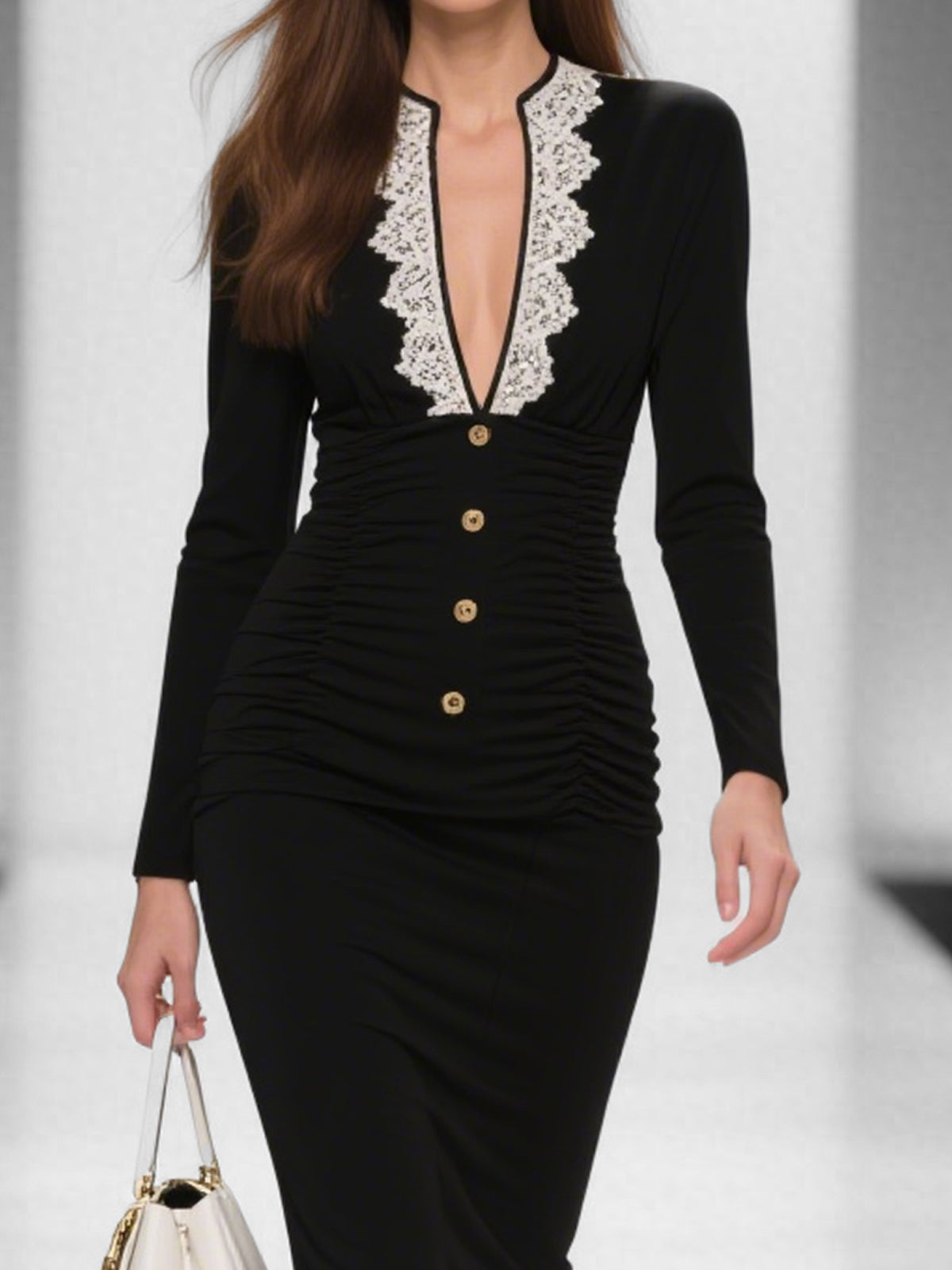 Ruched Black Midi Dress With Lace Trim And Gold Buttons