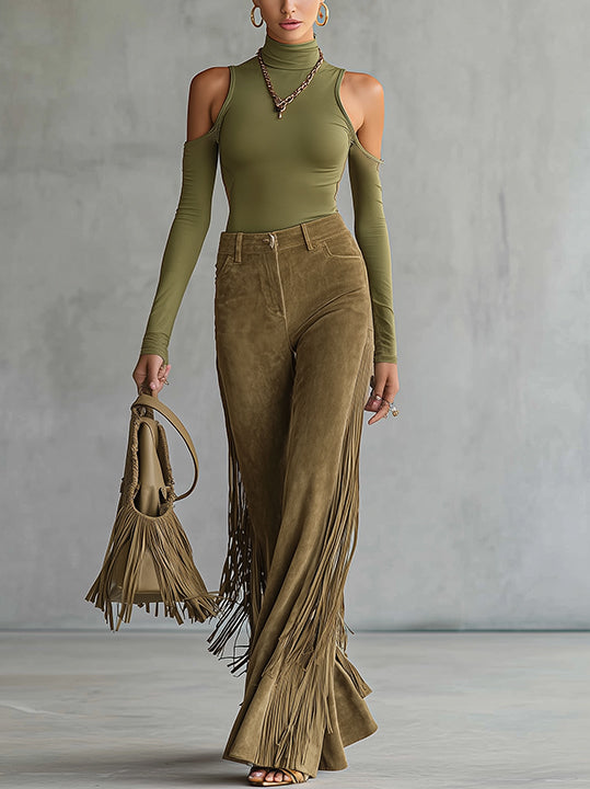 Olive Cutout Turtleneck Top And High-Waist Faux Suede Fringe Flare Pants Set