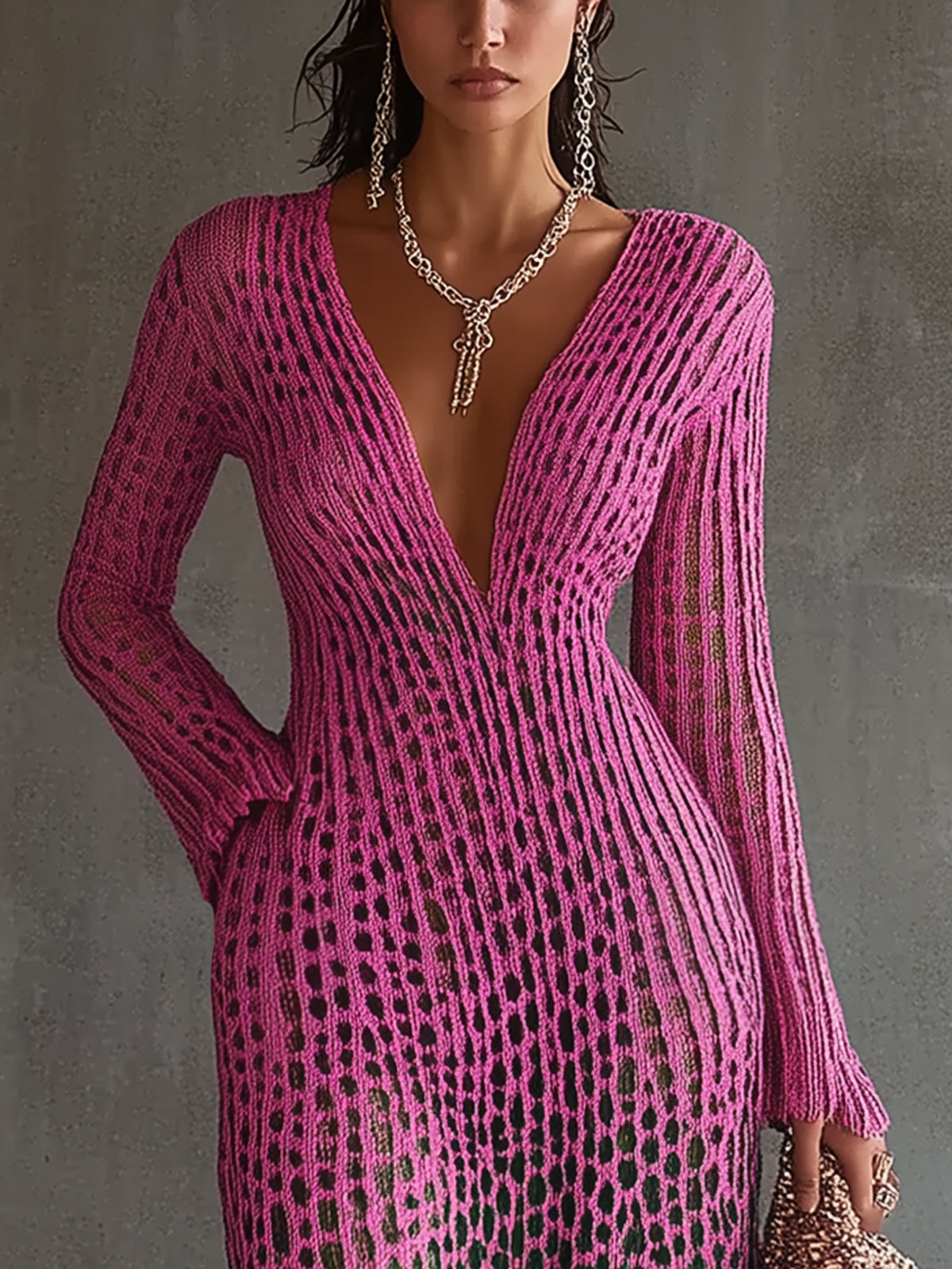 Purple Leopard Print Crochet Cutout Deep V-Neck Long Sleeved Asymmetric Maxi Dress
