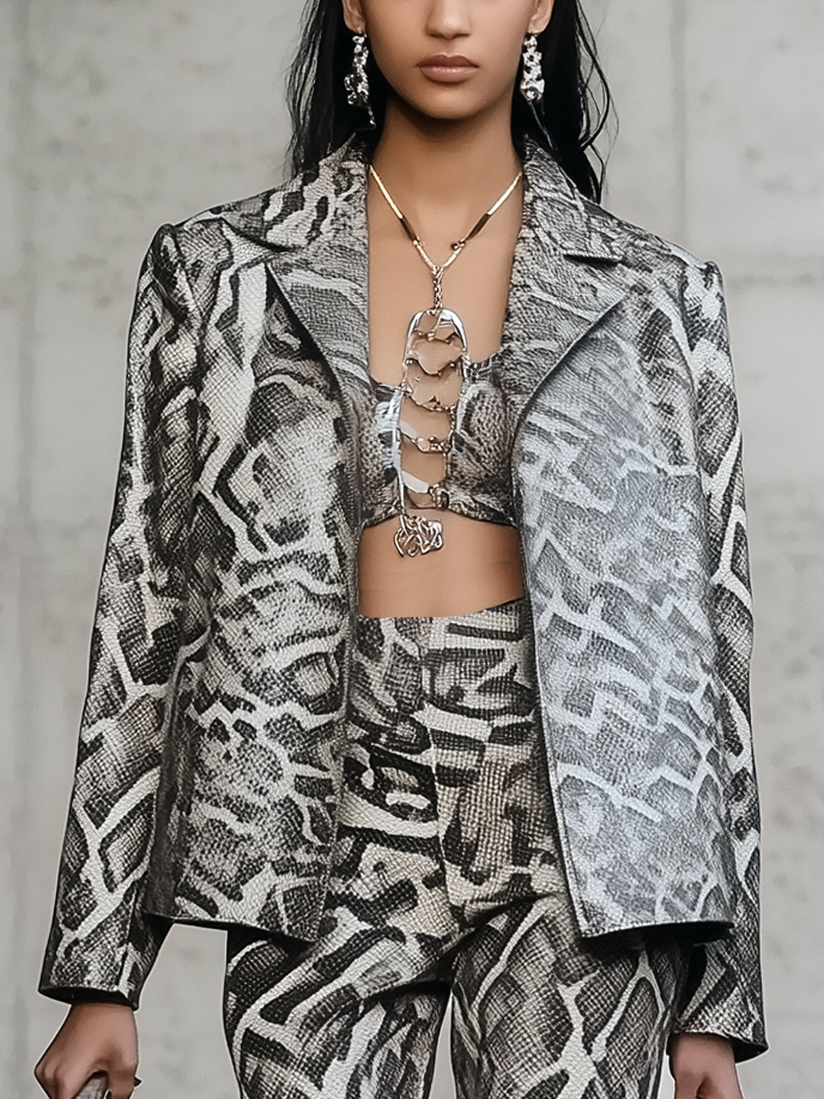 Gray Snake Print Cropped Blazer And Wide Leg Pants Suit