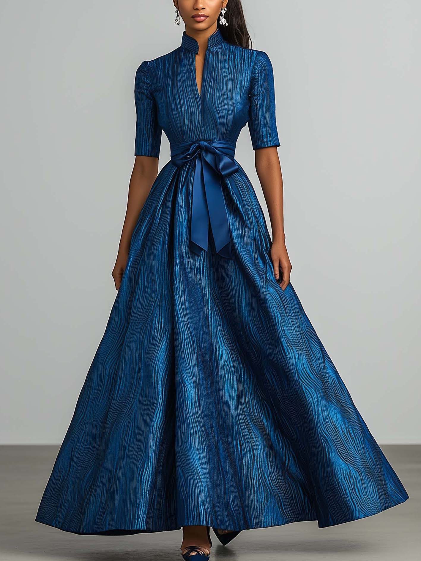 Peacock Blue Satin Maxi Dress With Elegant Pattern And Belt