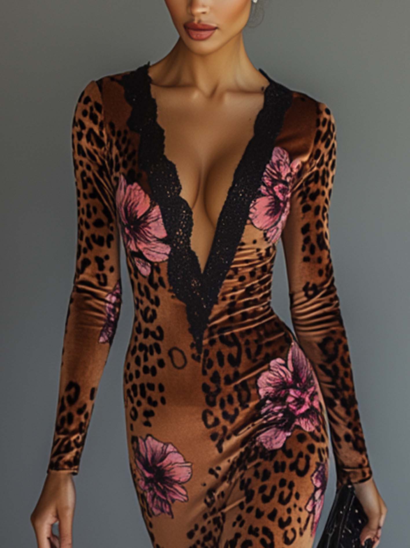 Brown Velvet Bodycon Dress With Leopard And Floral Prints And Black Lace Trim