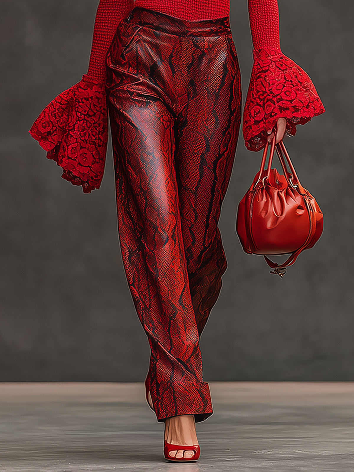 Scarlet Knit Lace Cuff Top With Snake Print Leather Pants Set