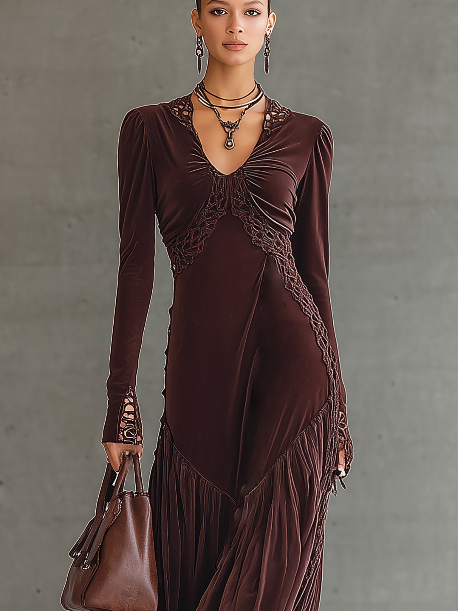 Burgundy Velvet Mesh Paneled Long Sleeve Maxi Dress
