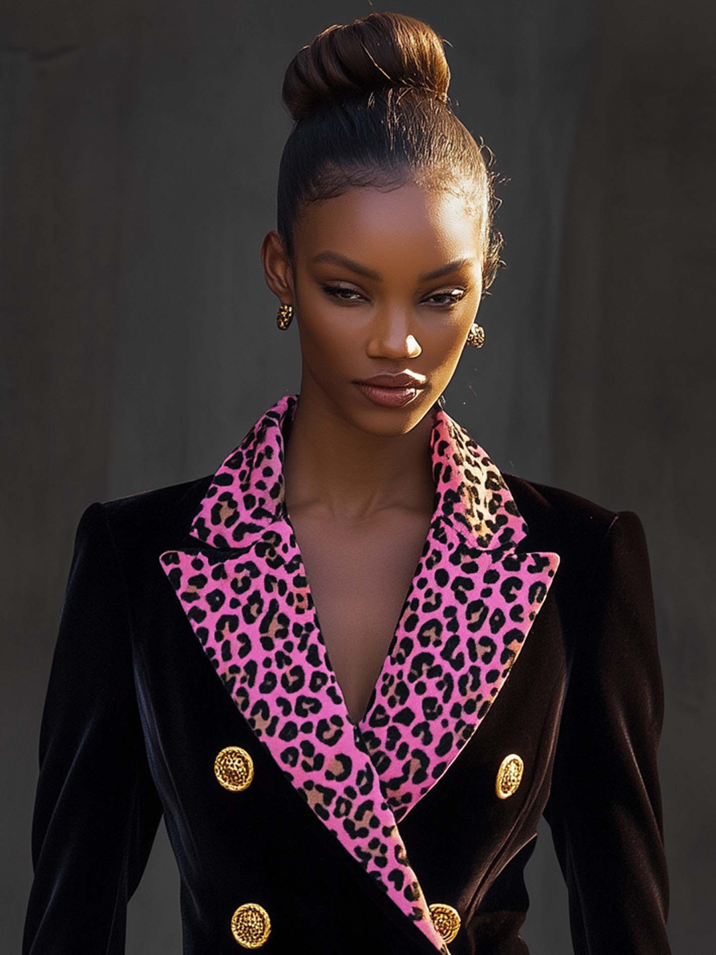 Black Double-breasted Velvet Blazer With Bright Barbie Pink Lapels