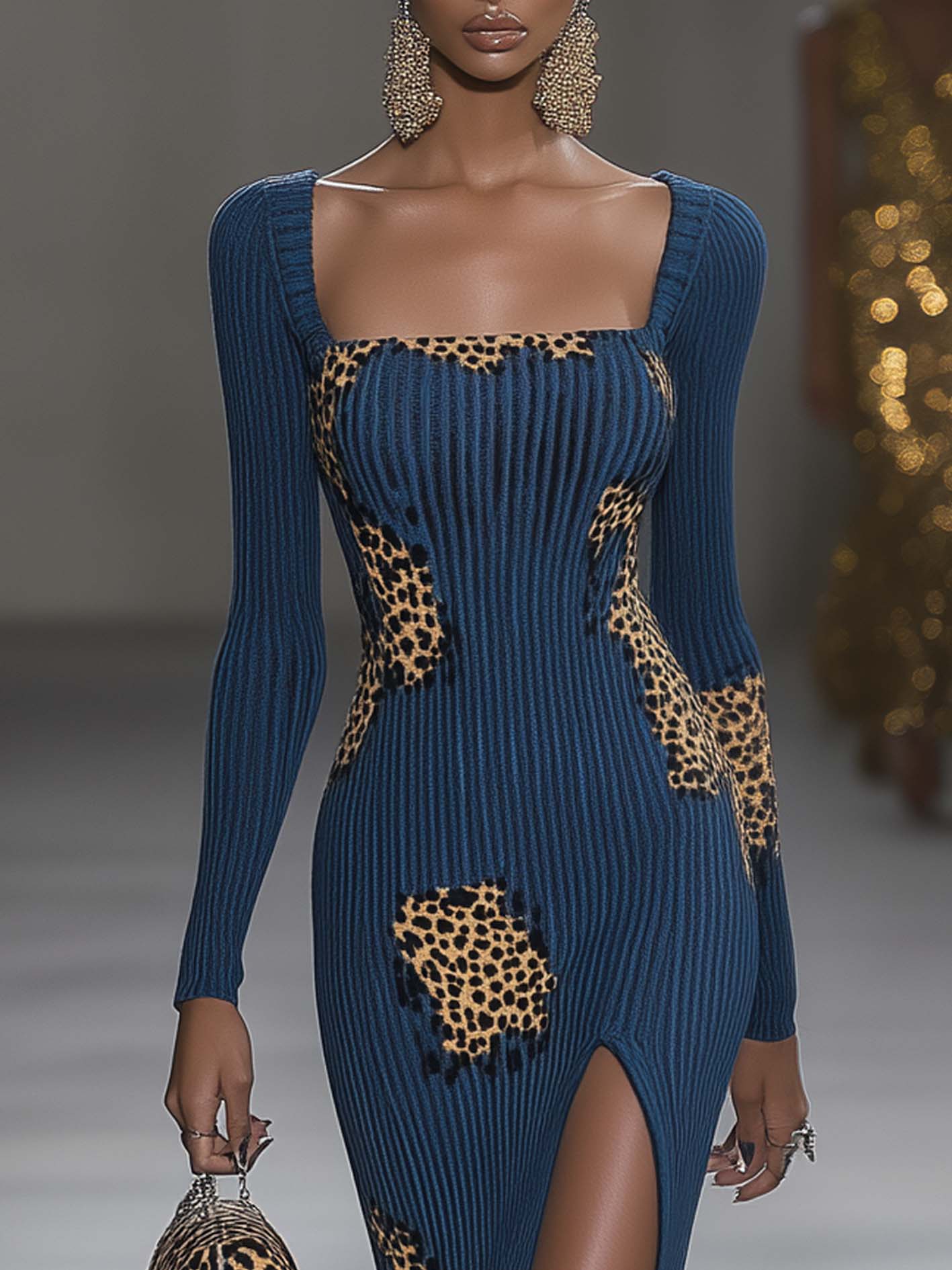 Navy Knitted Side-slit Maxi Dress With Leopard Print