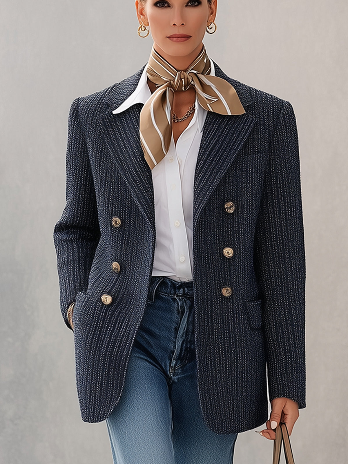 Navy Textured Knit Blazer With Double Breasted Finish