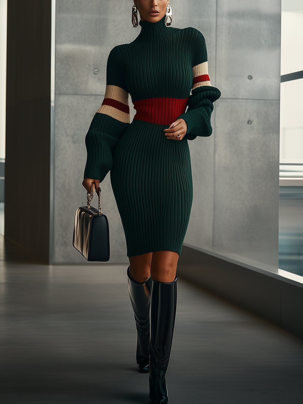 Green Chic Ribbed Turtleneck Knit Midi Dress