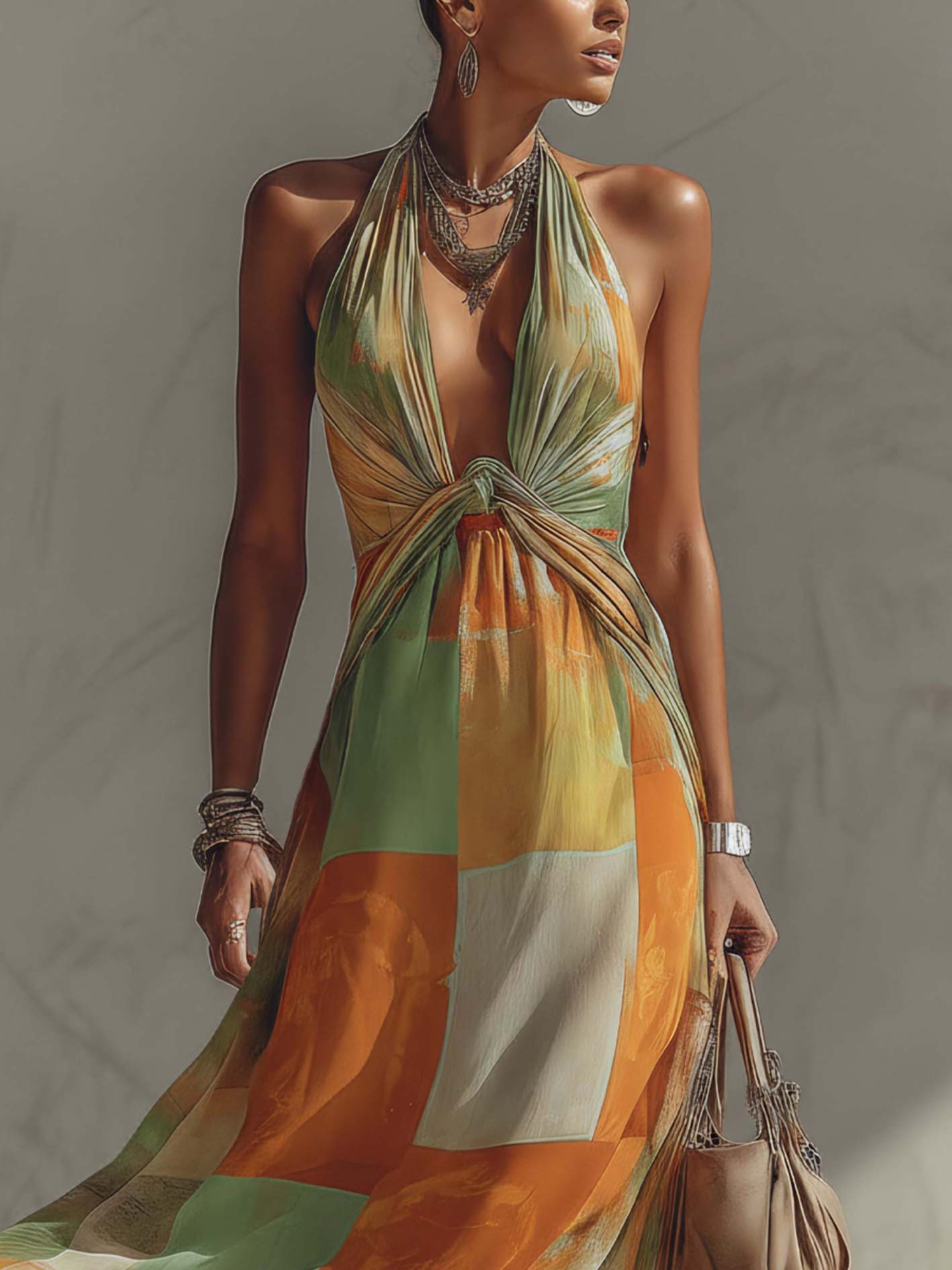 Orange Green Plaid Chiffon Maxi Dress