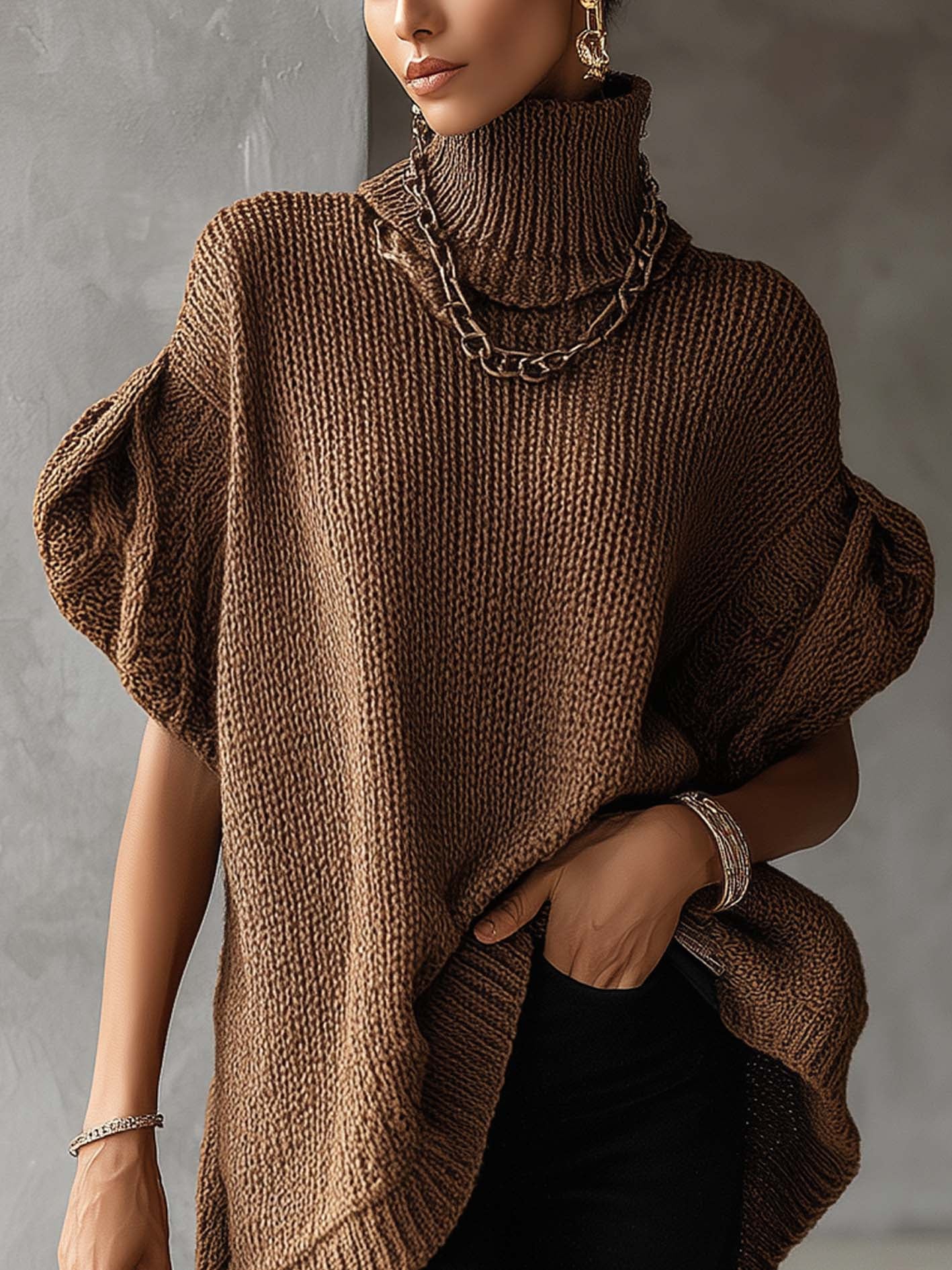 Brown Turtleneck Short Sleeve Chunky Knit Sweater