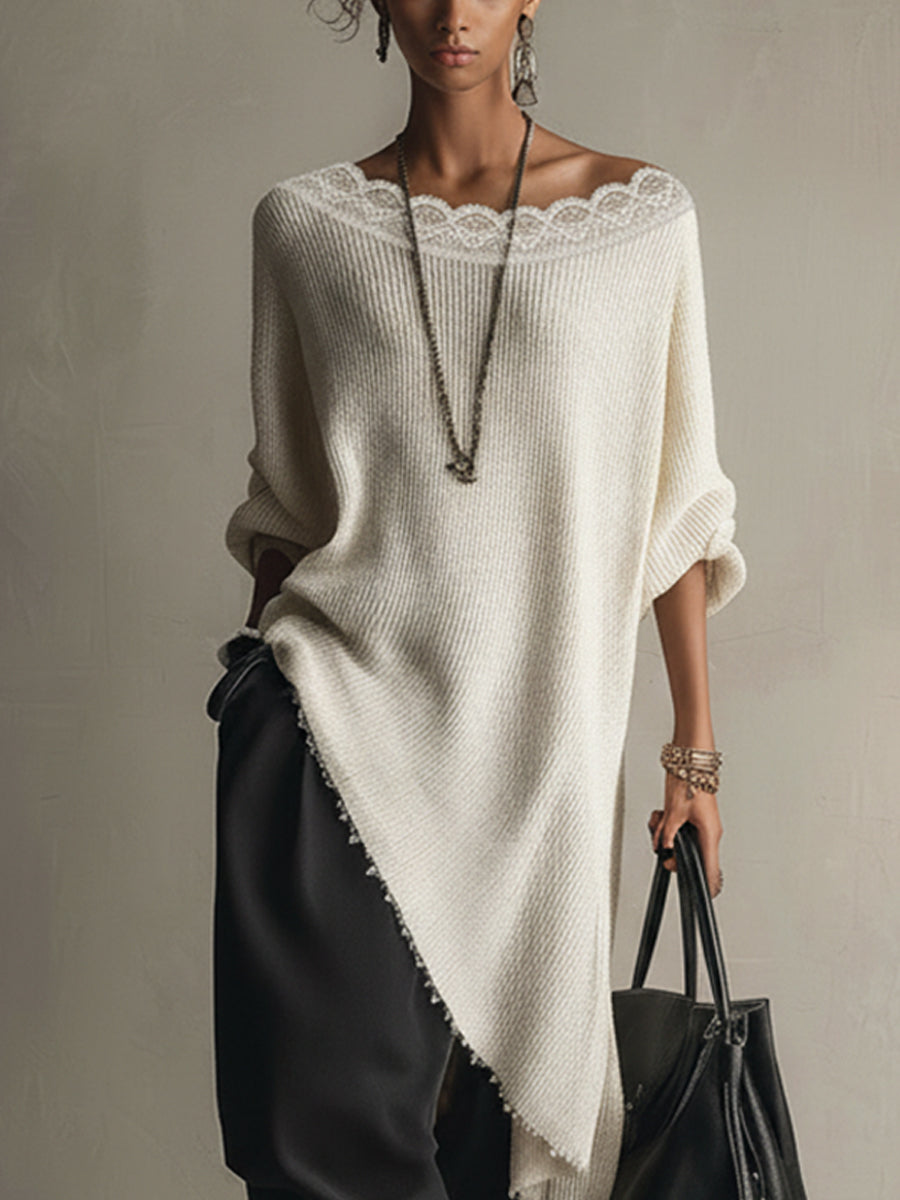 Cream Knitted Midi Dress With Irregular Hem And Lace Collar