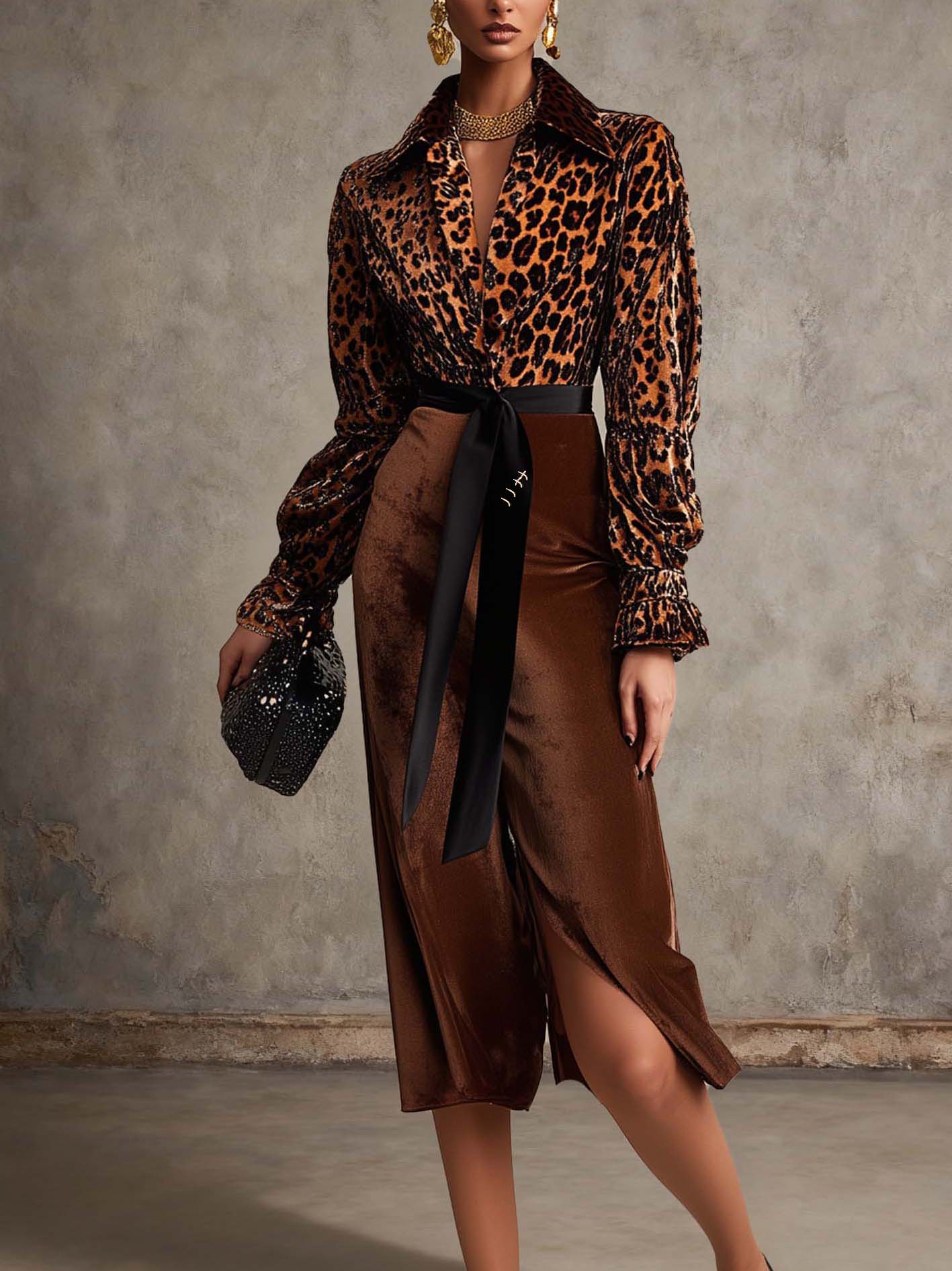 Brown Velvet Midi Dress With Leopard Print And Belt
