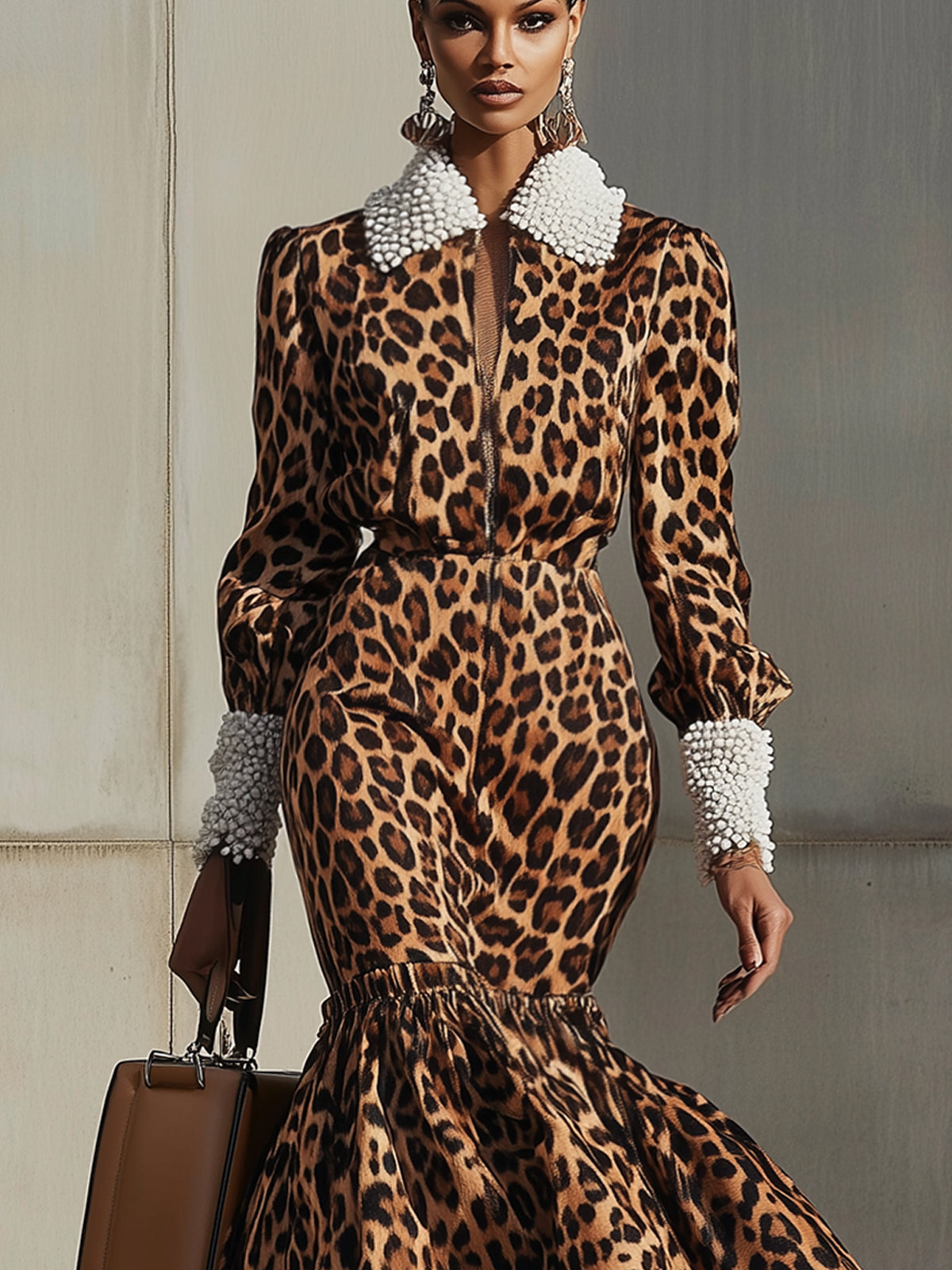 Brown Leopard Suede Bodycon Dress With Grained Fleece Cuffs And Neckline