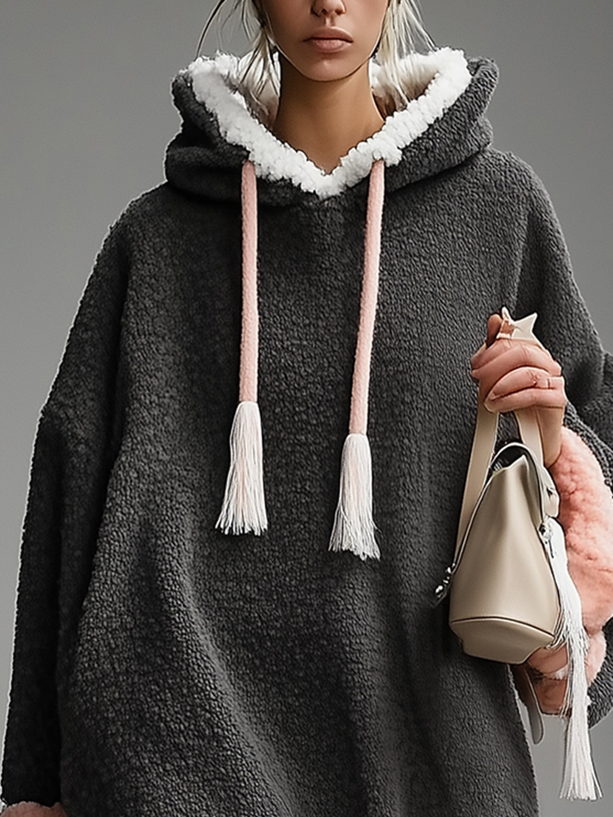 Gray Oversized Fleece Hoodie Dress With Contrast Trim
