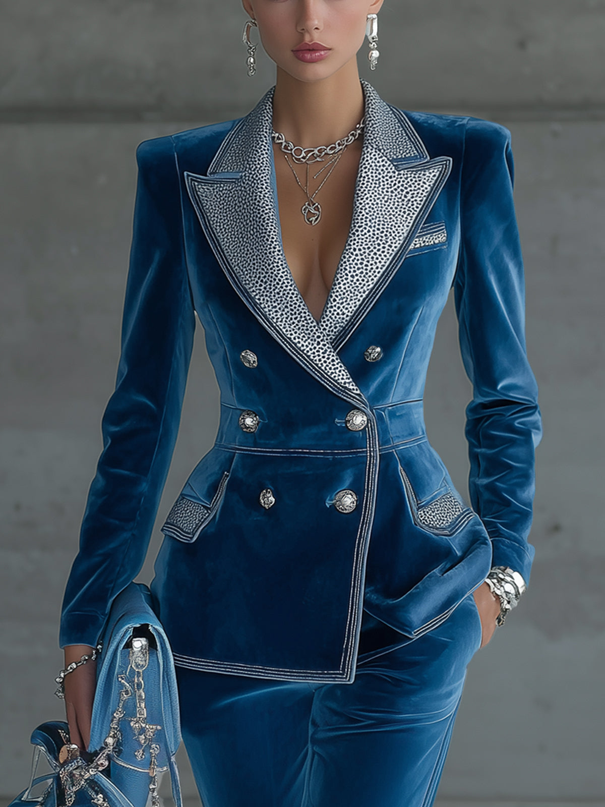 Sapphire Blue Velvet Double Breasted Embellished Blazer