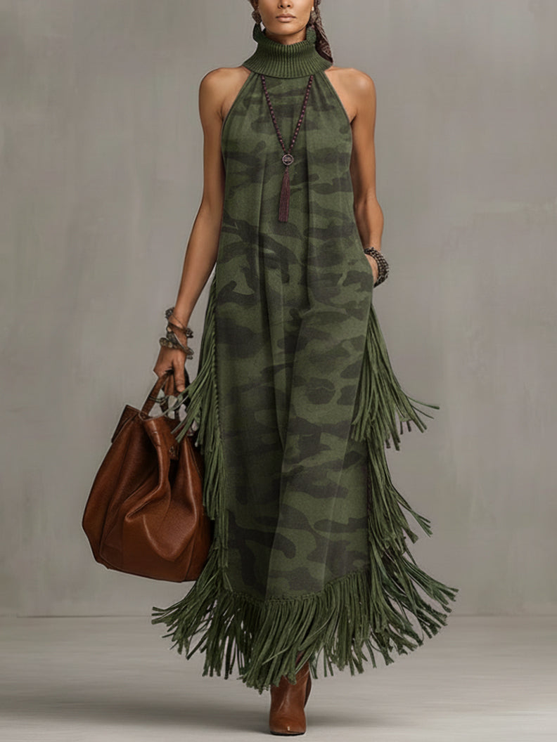 Vintage Green Camo Sleeveless Fringe Maxi Dress