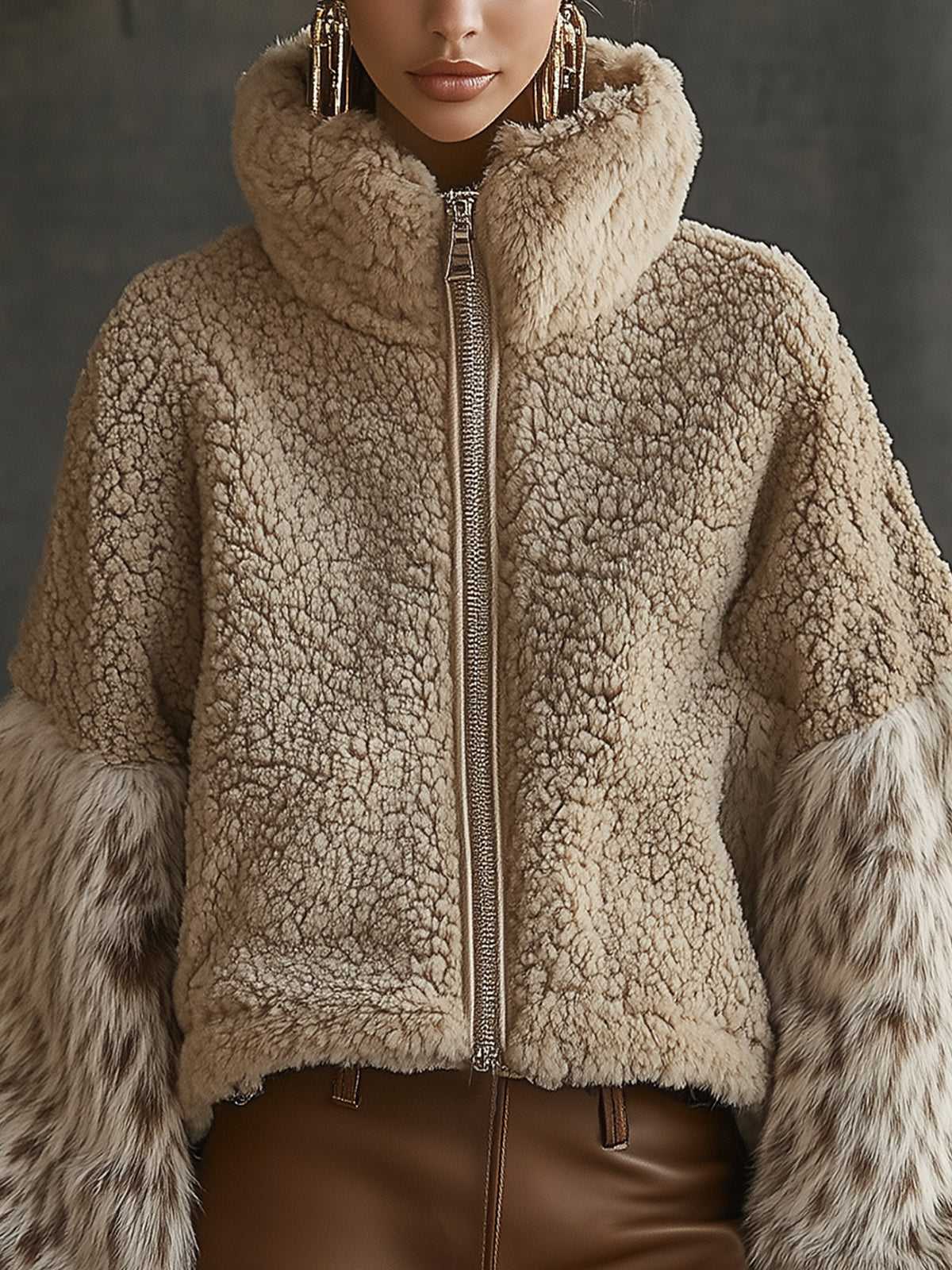 Gray Sherpa And Faux Fur Jacket